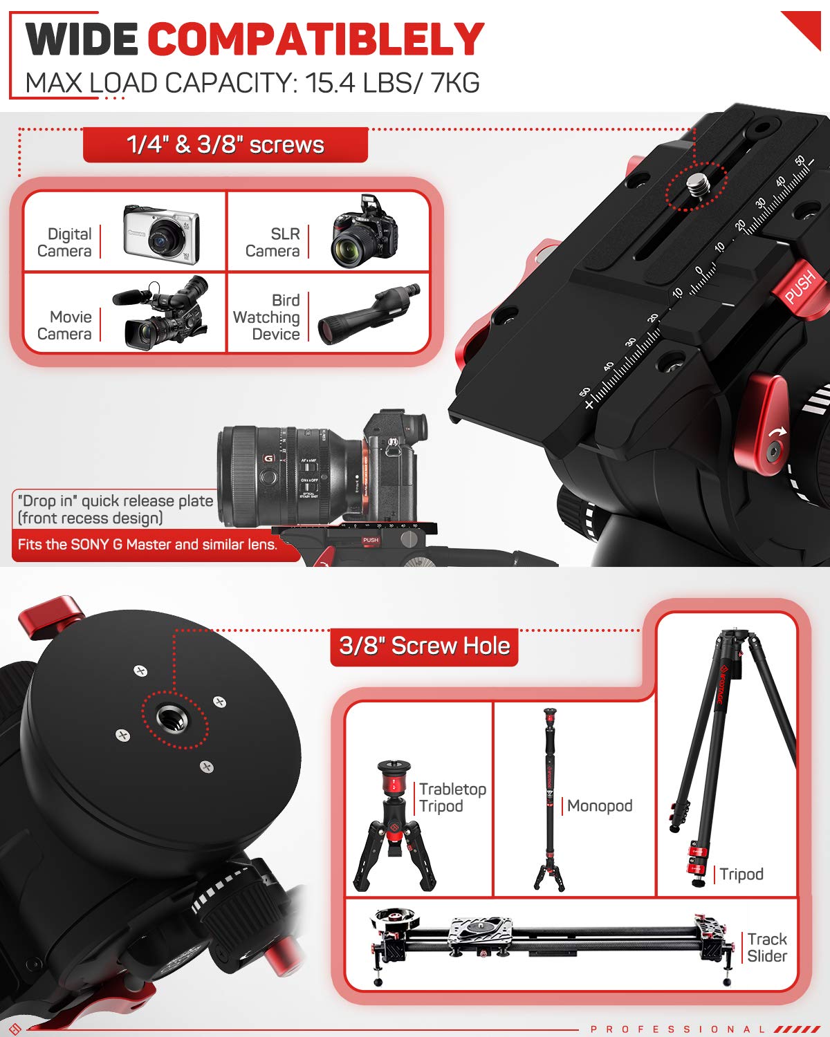 Ifootage Video Camera Tripod Fluid Drag Pan Head With 1/4'' And 3/8'' Screws Sliding Quick Release Plate For Canon Nikon Sony Ds