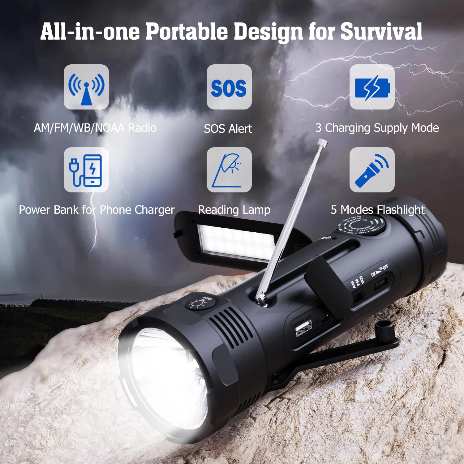 Pplee Noaa Emergency Flashlight Rechargeable With Weather Radio,Am/Fm Weather Alert Solar Hand Crank Survival Radio,Battery Powe