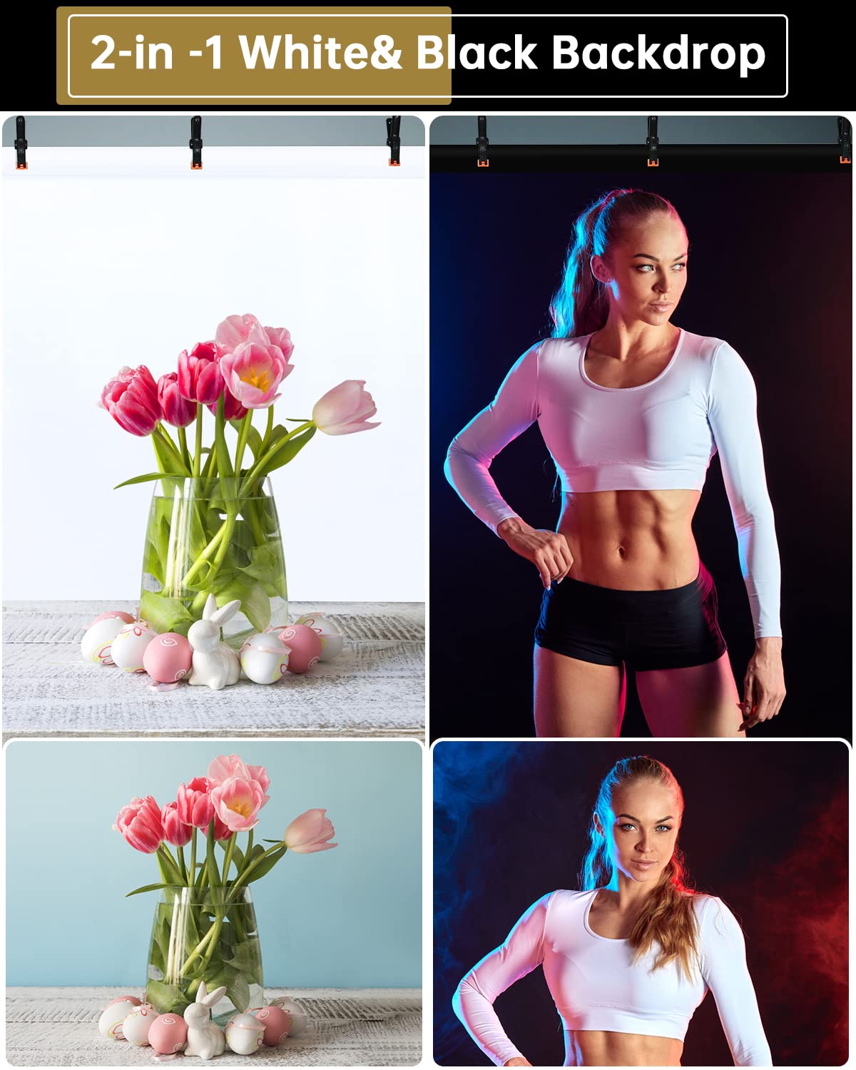 Utebit White Black Backdrop, 5 * 6.5Ft 2 In 1 Double Sided Photo Backdrop Kit Black/White Screen Background For Photography With