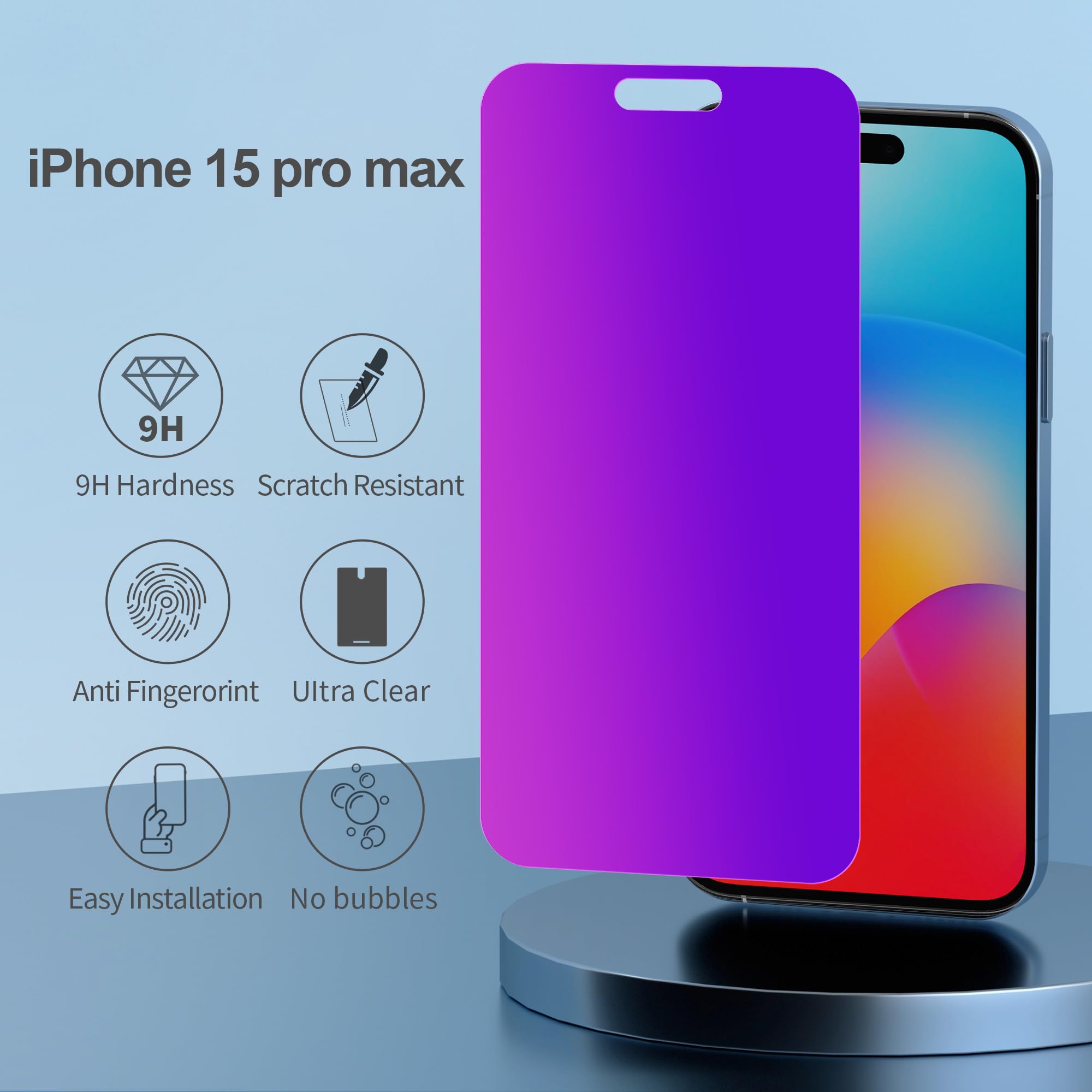 Pddkiss Compatible For Iphone 15 Pro Max Privacy Screen Protector Tempered Glass 6.7 Inch, Purple Gradient Anti Spy Anti Blue Li