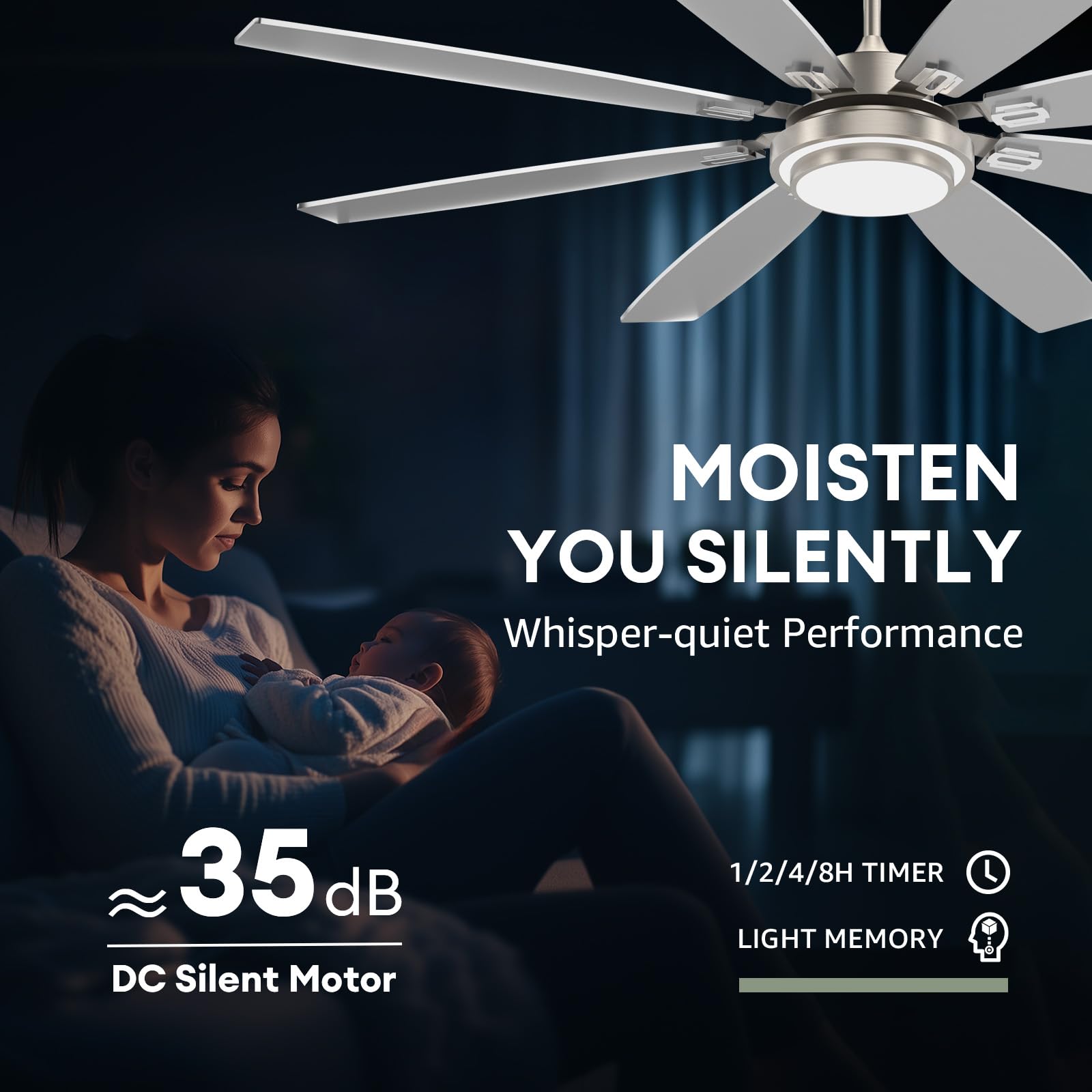 72 Inch Large Ceiling Fans With Lights And Remote Control, Modern Nickel Ceiling Fan With Quiet Reversible Dc Motor, Timer, 6 Sp