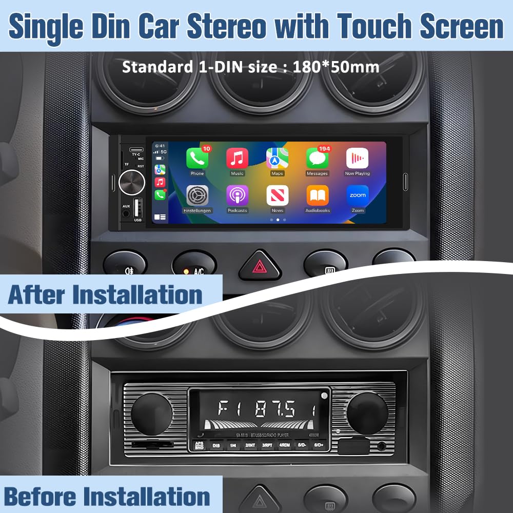 Pyniro Universal Single Din Car Stereo With Wireless Carplay & Android Auto, 6.36 Inch Ips Touch Screen Head Unit With Backup Ca