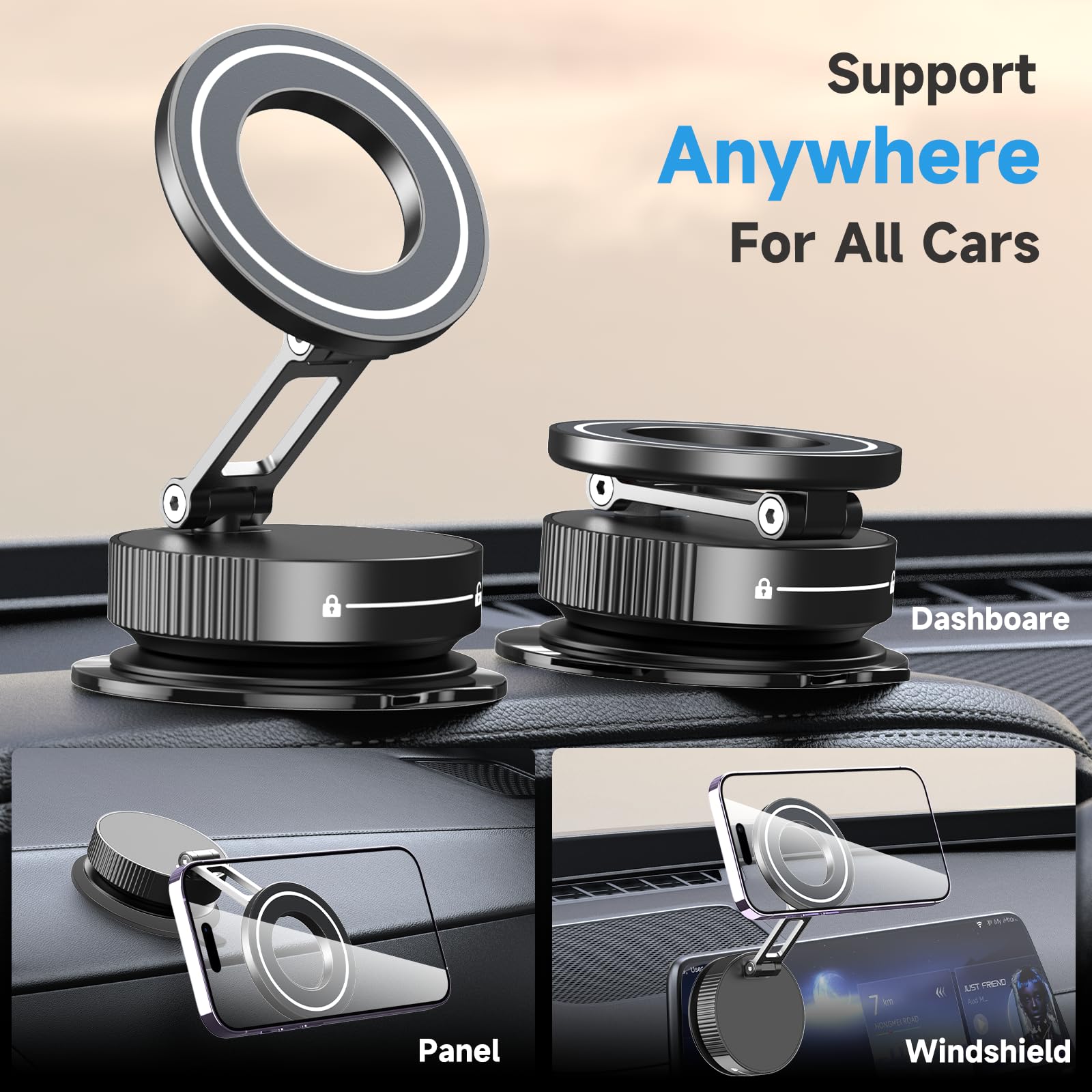 360Adjustable Vacuum Magnetic Phone Holder For Your Car [96+Lbs Suction & 2800Gf Magnetic & Hands-Free Suction Cup] Car Mount Fo