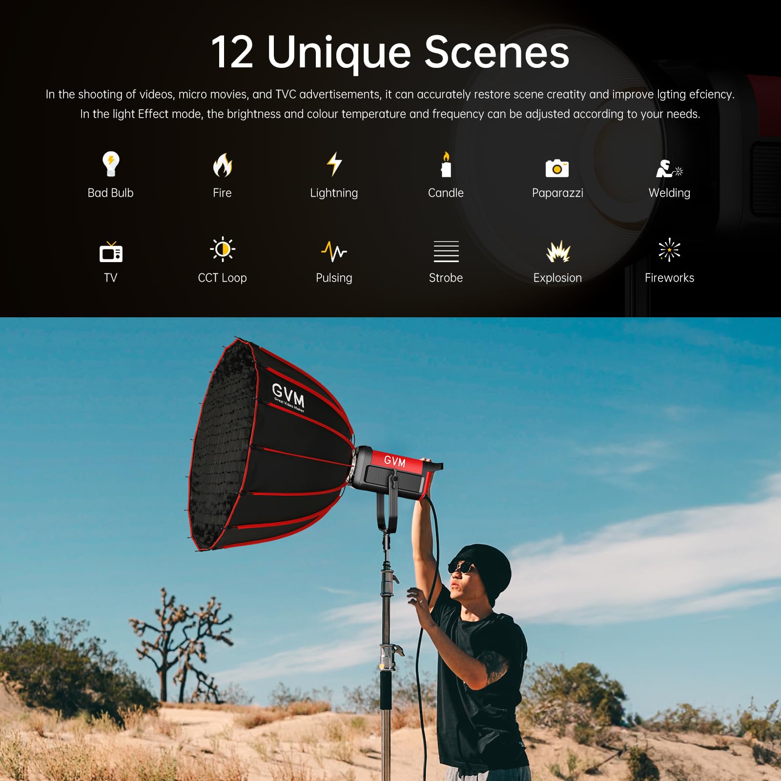 Gvm Video Lighting 300W Bi Color Studio Lights Kit With Bowens Mount Softbox And Stand Cct 2700K~6800K Cri 97+ Continuous Lighti