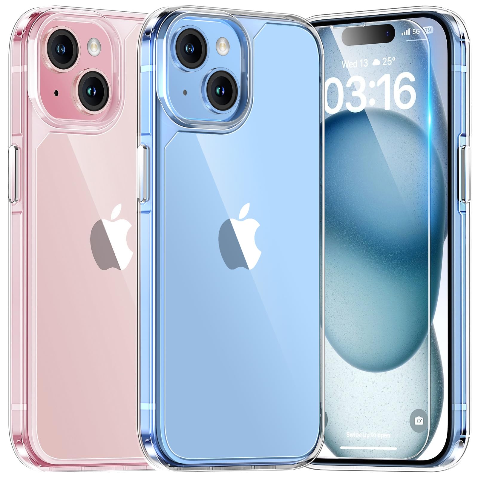 Tauri 3 In 1 For Iphone 15 Plus Case Clear, [Not Yellowing] With 2X Screen Protector, [Military Grade Drop Protection] Shockproo