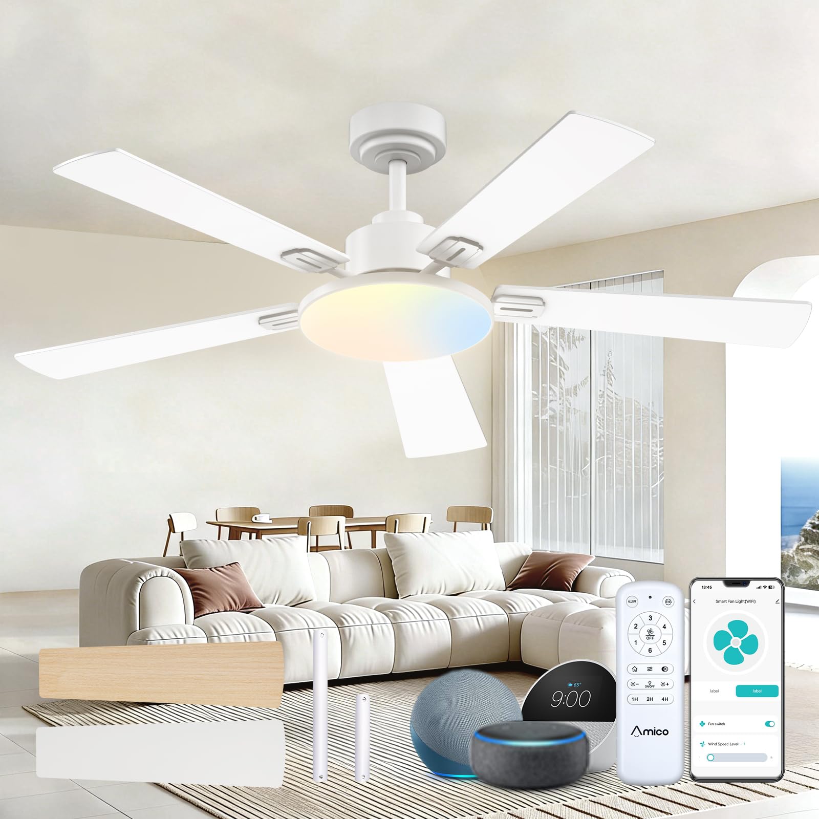 Amico Ceiling Fans with Lights, 52 inch Smart Ceiling Fan with Remote/APP/Alexa Control, Downrod Mount, Reversible DC Motor, 5 B