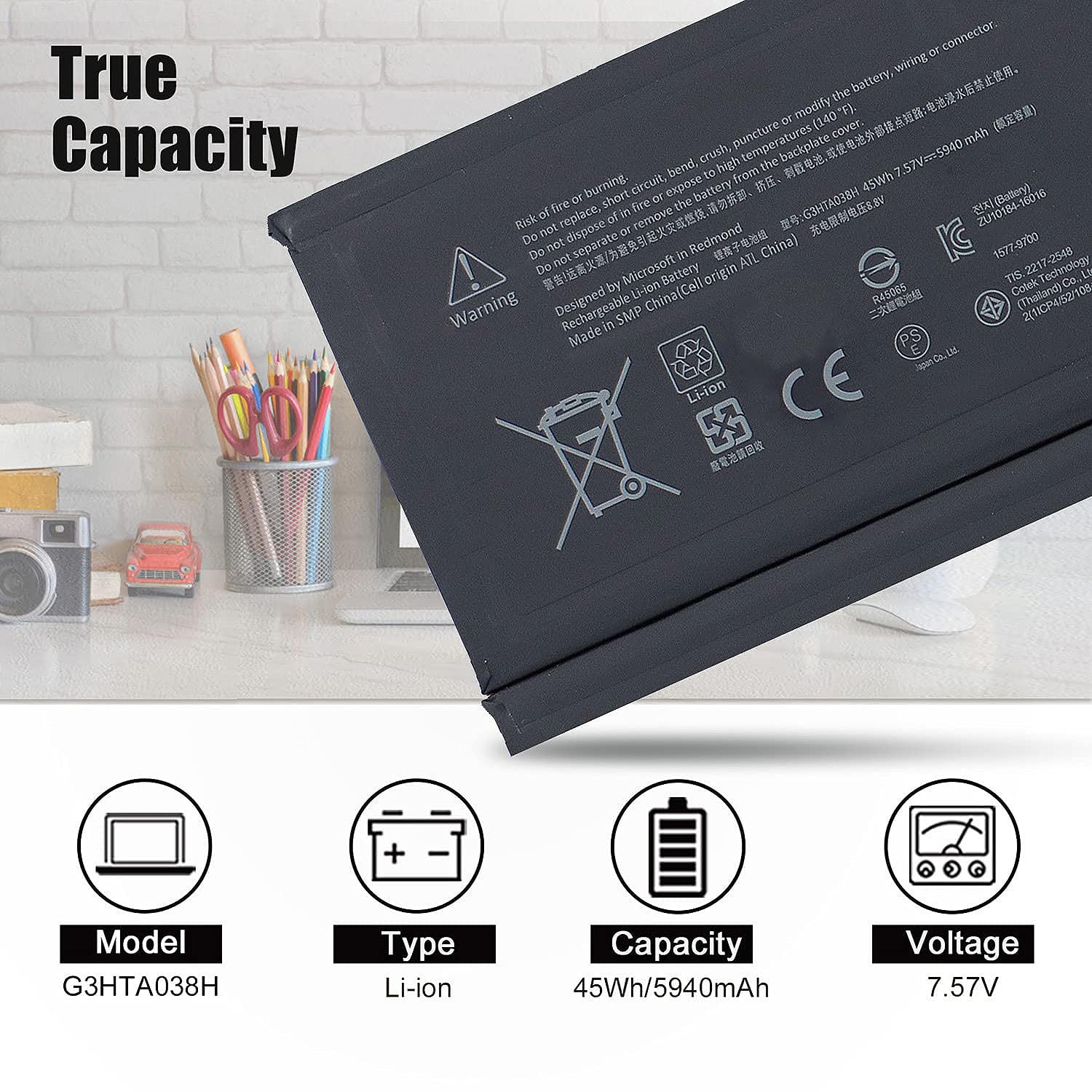 G3Hta038H Battery For Microsoft Surface Pro 5Th (Model 1796, 2017) / Surface Pro 6(Model 1807/1809/1796, 2018) 12.3'' 2 In 1, Co