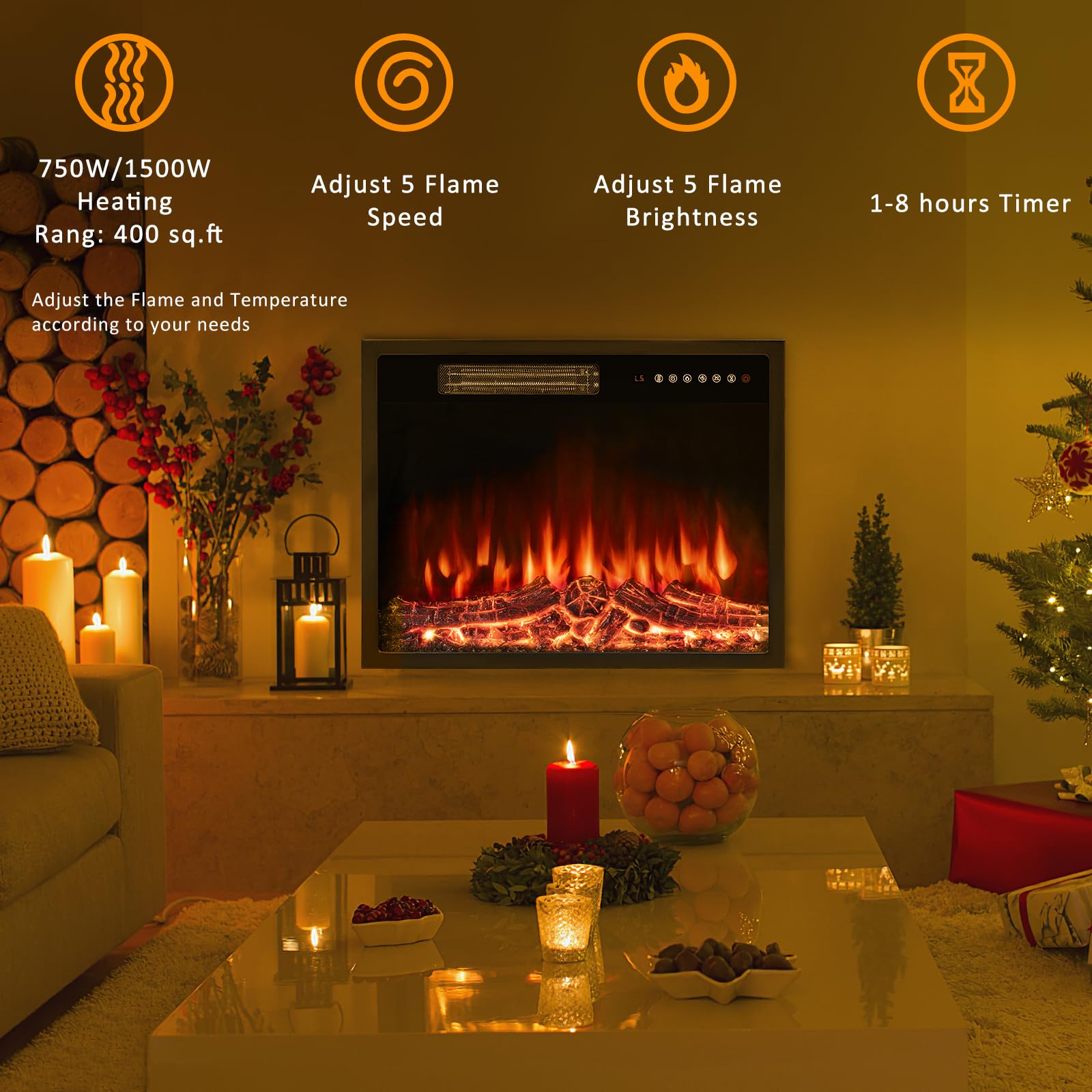 Bossin 23 Inch Electric Fireplace Insert With Stove Heater For Tv Stand,Led Realistic Flame,Recessed Mounted Fireplace Heater Wi