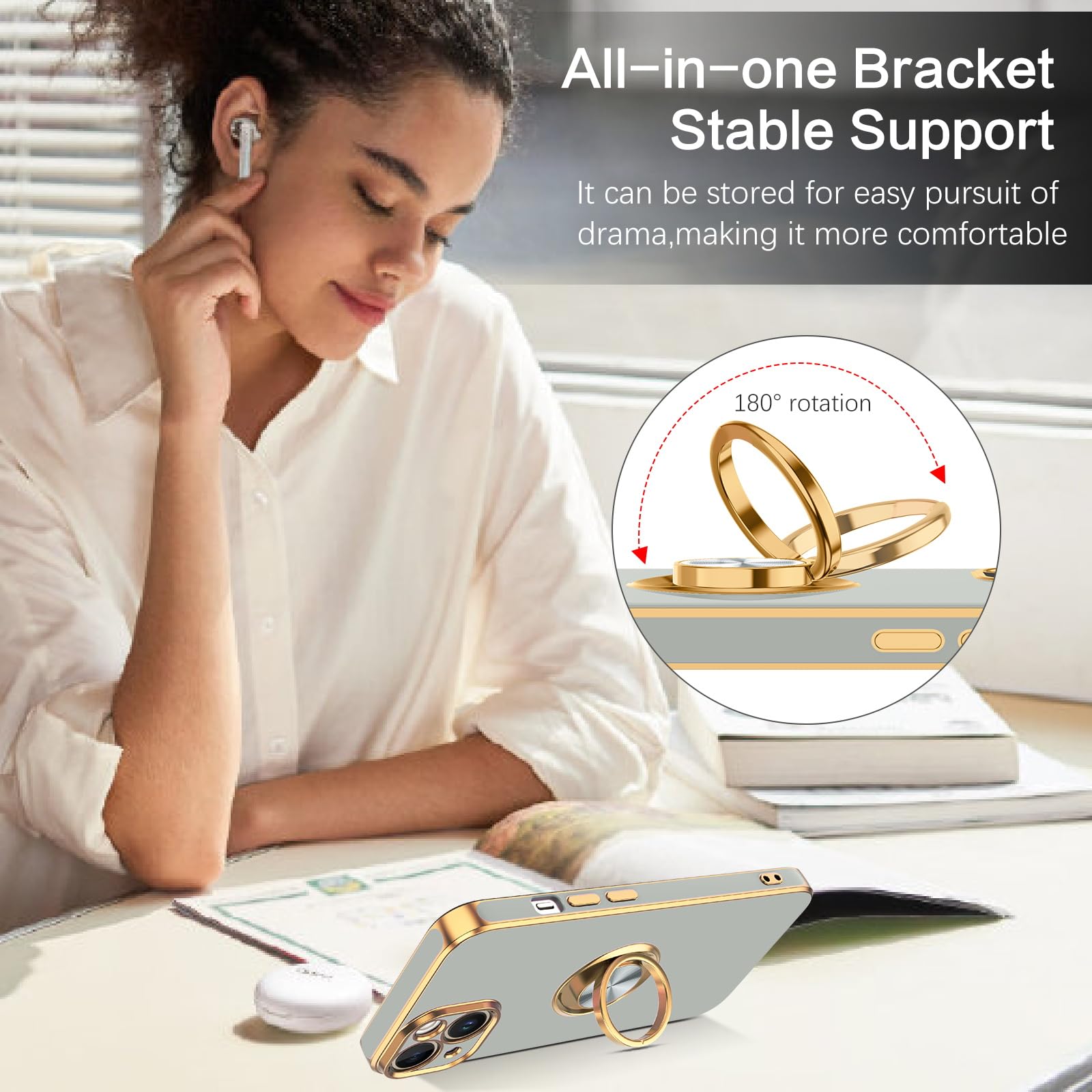 Veningo Iphone 14 Case,Phone Case For Iphone 14,Slim Fit Soft 360 Ring Holder Kickstand Magnetic Car Mount Supported Easy Clean