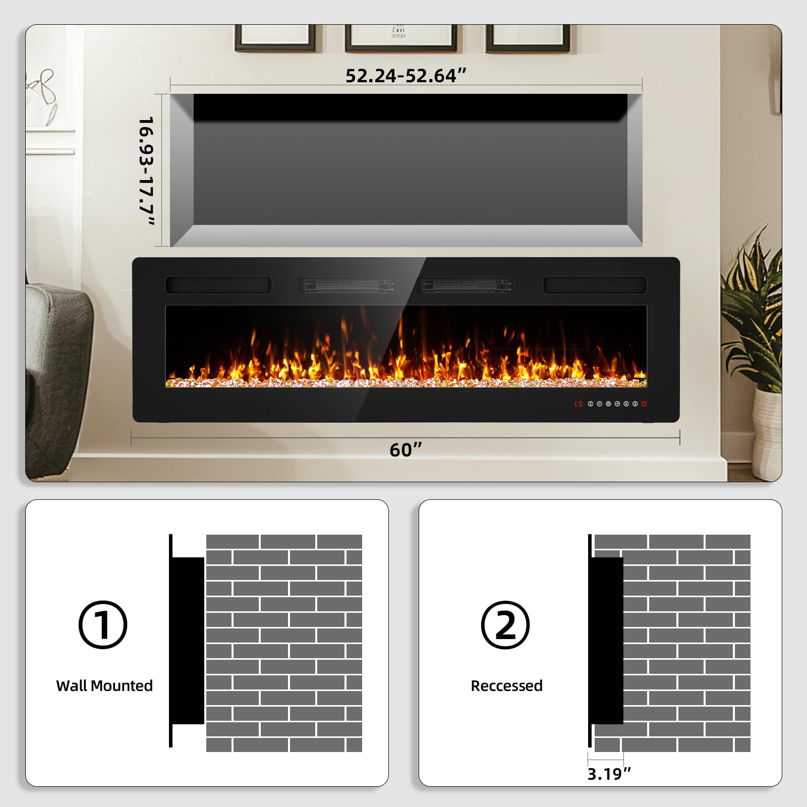 60 Inch Ultra Thin Electric Fireplace Inserts And Wall Mounted With Remote Control & Touch Screen 1500W Fireplace Heater With Ti