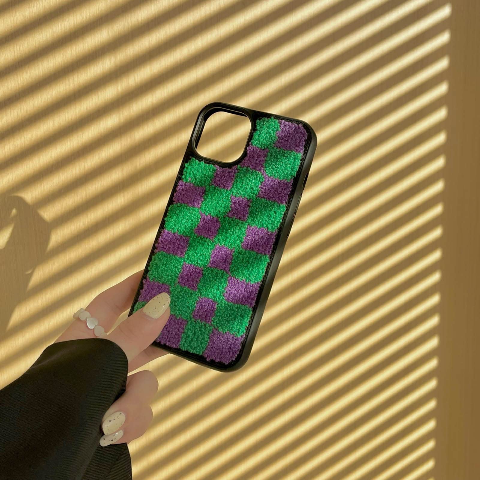 Tewwsdi Checkered Fluffy iPhone 13 Pro Max Case, TPU Terry Velvet Protective Cover, Green Lattice