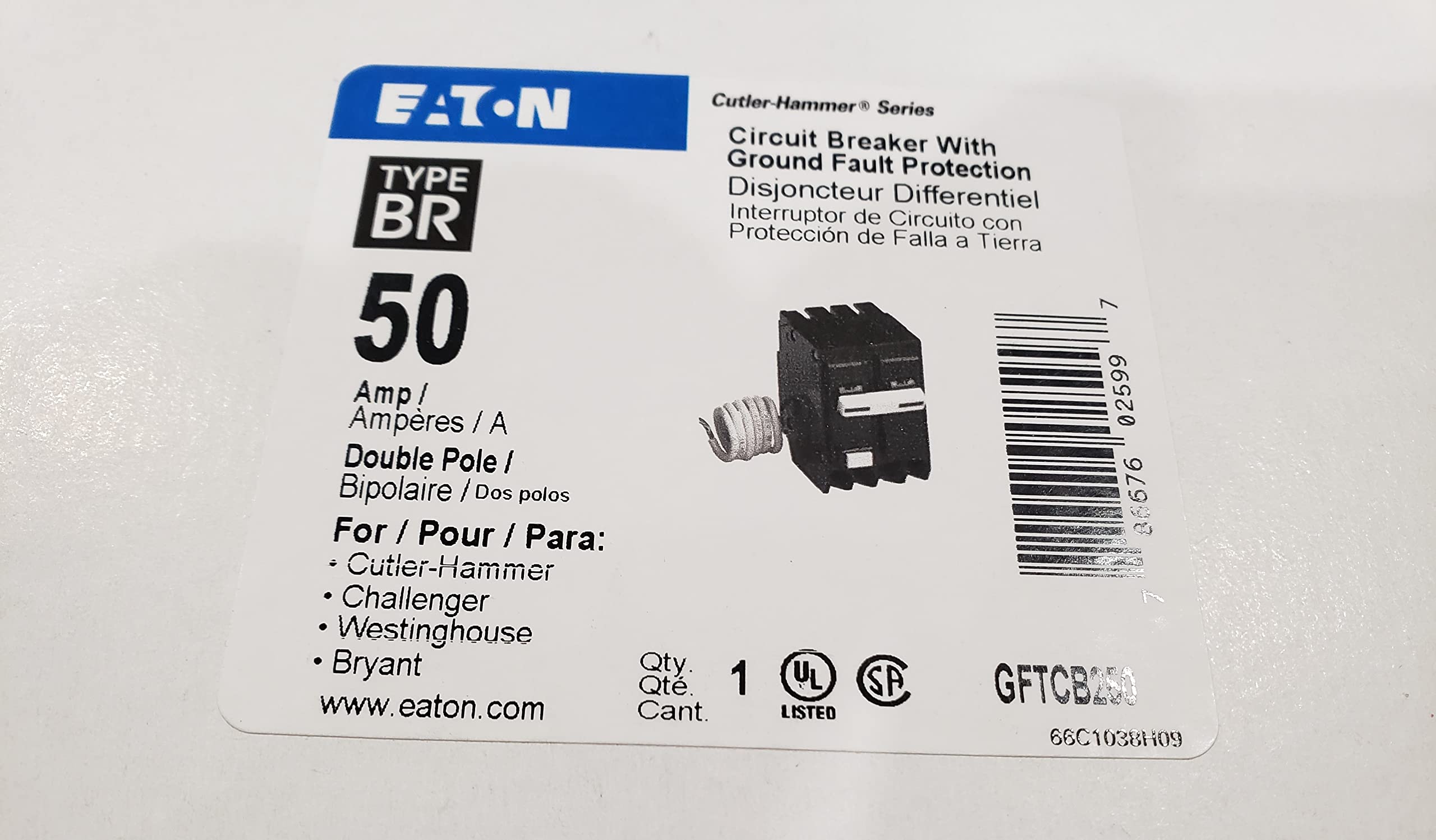 Eaton Gftcb250 Cutler Hammer Ground Fault Circuit Breaker, 50 A, 120/240 Vac, 10 Kaic, 14 4 Awg, 2 Poles, No Size, No Color