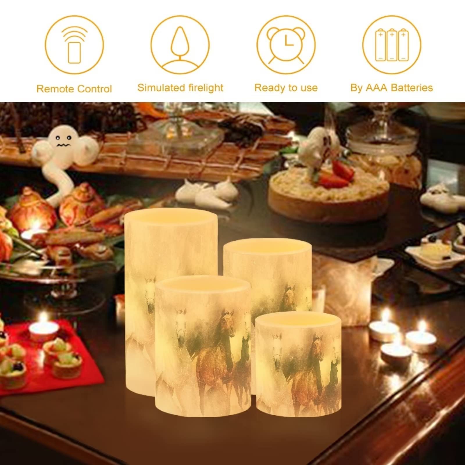 NETILGEN Flameless LED Metal Pillar Candles Battery Operated Color Changing Timer Remote Vintage Horse Set of 4 Assorted Sizes