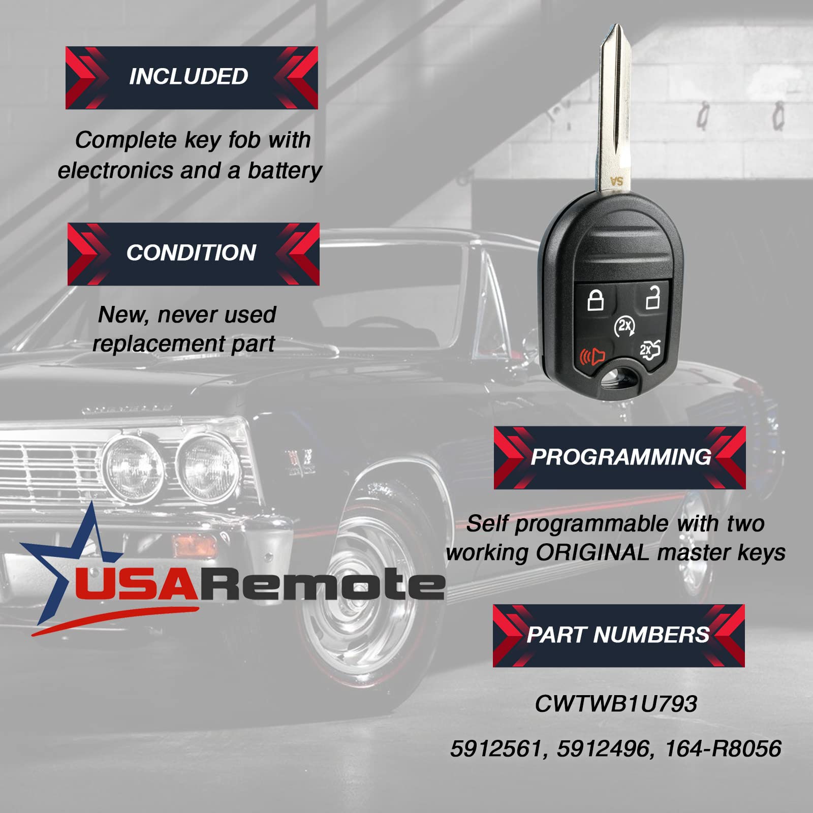 Car Key Fob Keyless Entry Remote Start Fits Ford, Lincoln, Mercury, Mazda (Cwtwb1U793 5-Btn) - Guaranteed To Program