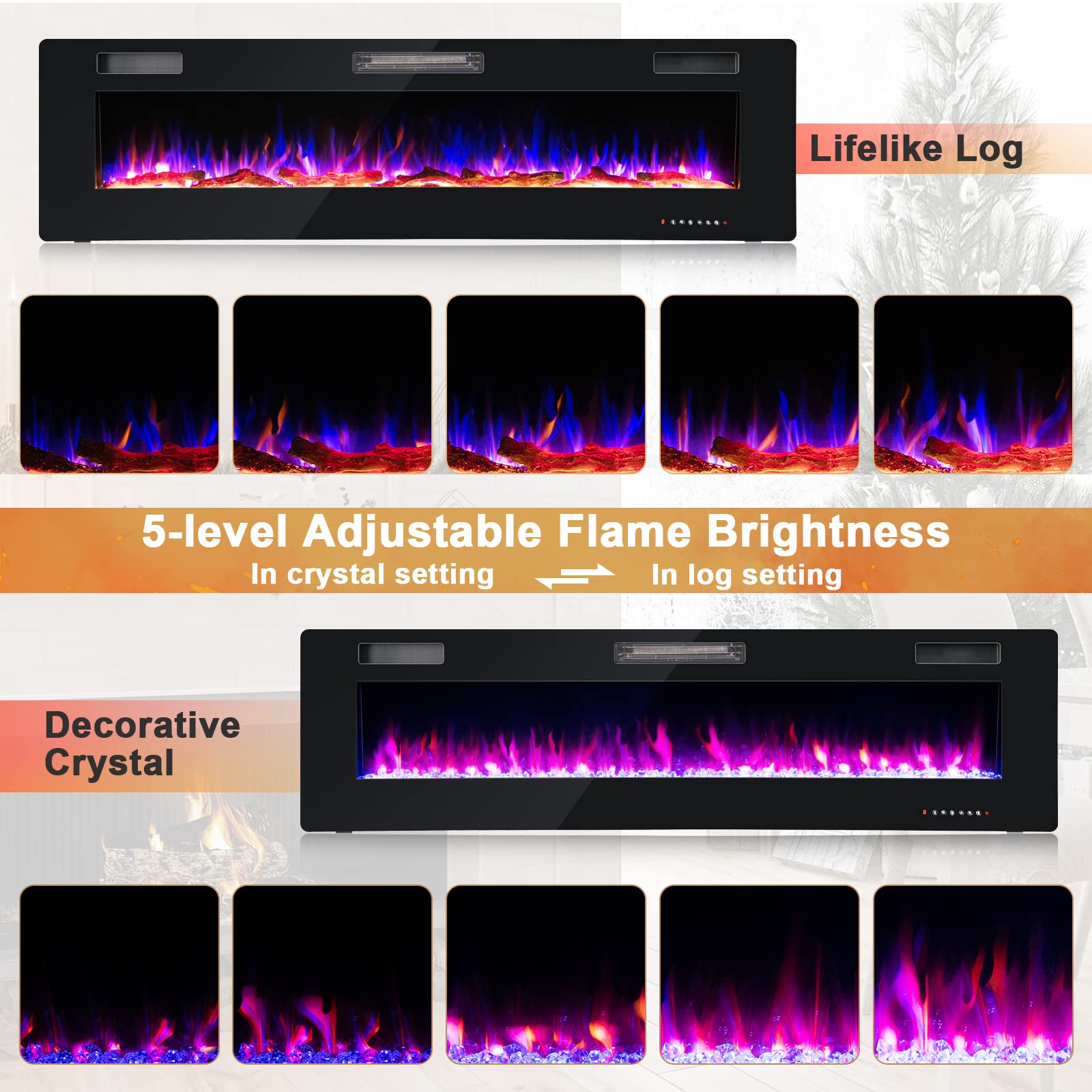 Costway 68 Inches Ultra Thin Electric Fireplace, 5100 Btu Recessed And Wall Mounted Fireplace Insert With Remote Control, Log And Decorative Crystals, Adjustable Flame Effect, Etl Certification