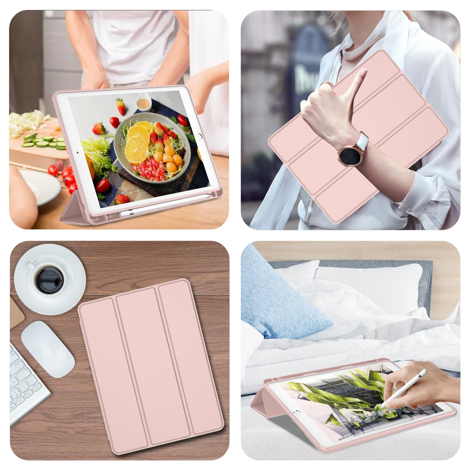 Imieet Ipad 9Th Generation Case 2021/Ipad 8Th Generation Case 2020 10.2 Inch With Pencil Holder, Ipad 7Th Gen 2019 Case With Soft Baby Skin Silicone Back, Auto Wake/Sleep Cover (Rose Pink)