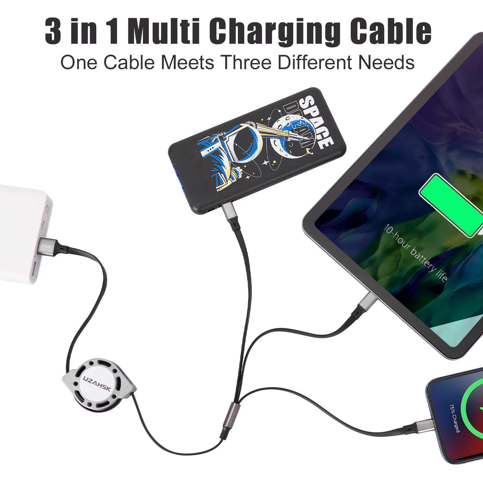 Uzahsk Multi Charging Cable 4Ft 3 In 1 Usb Retractable Phone Charger Cable With Type C/Ios/Micro Usb Port Connector, Compatible