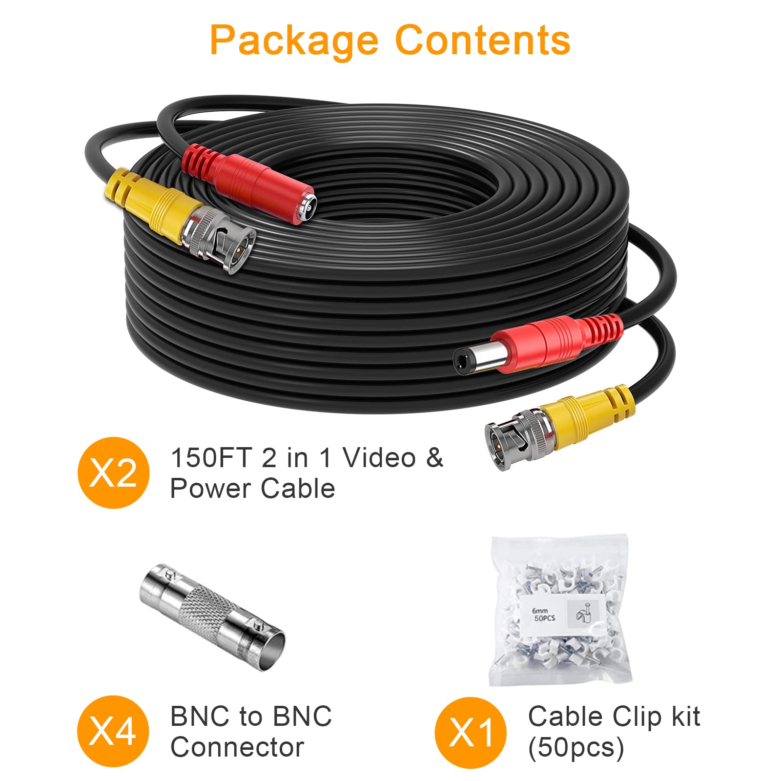 Wildhd Bnc Cable,2X150Ft All In One Siamese Video And Power Security Camera Cable Wire, Bnc Extension Cable With 2 Female Connec