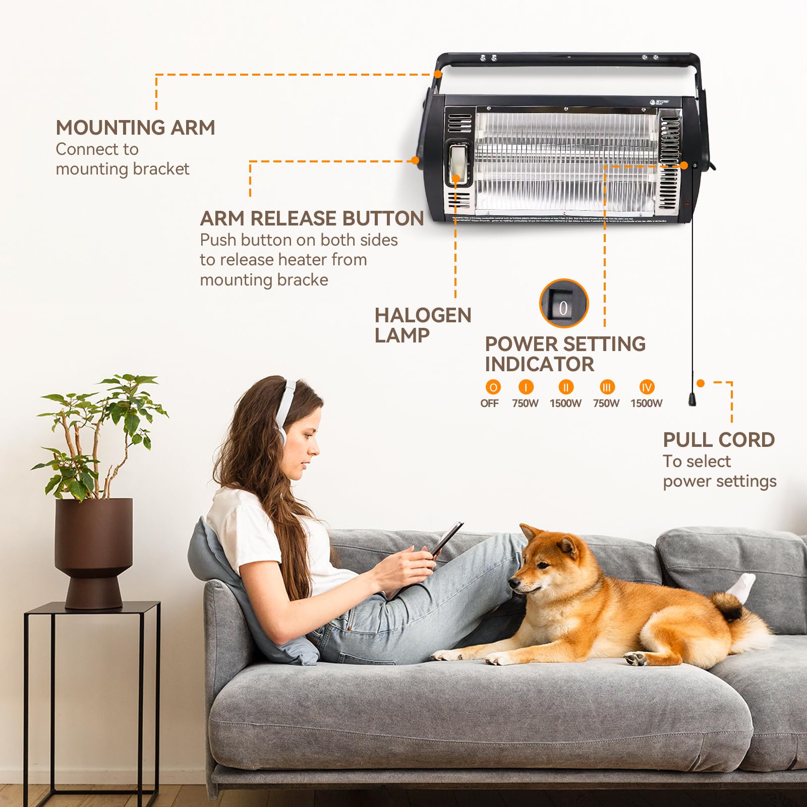 Beyond Heat Electric Garage Heater 120V, 750/1500W Ceiling Mount Space Heater For Garage, Shop, Patio With 90 Adjustable Tilt, D