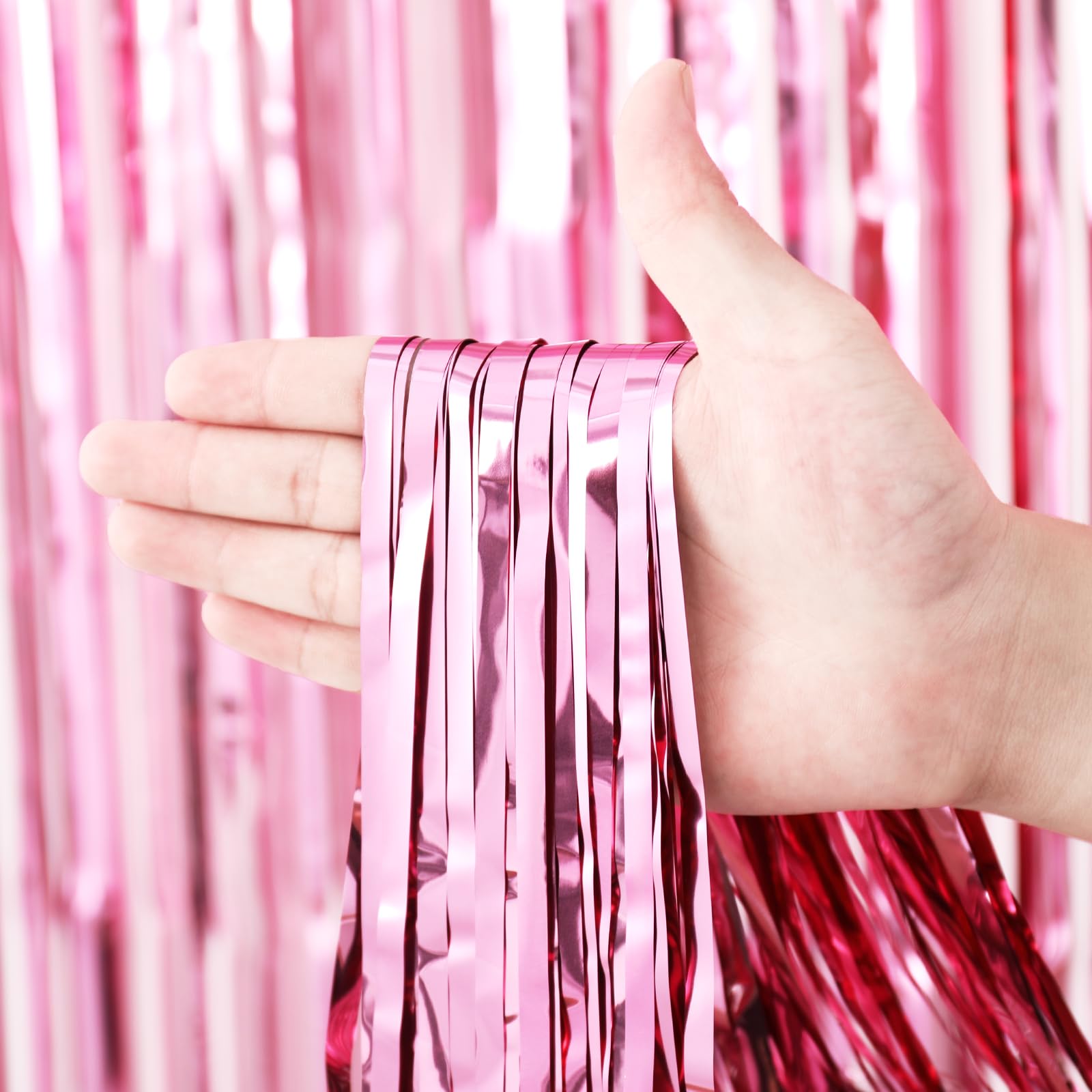Voircoloria 3 Pack 3.3 X 8.2 Ft Light Pink Foil Fringe Backdrop Curtains, Tinsel Streamers Birthday Party Decorations, Fringe Ba
