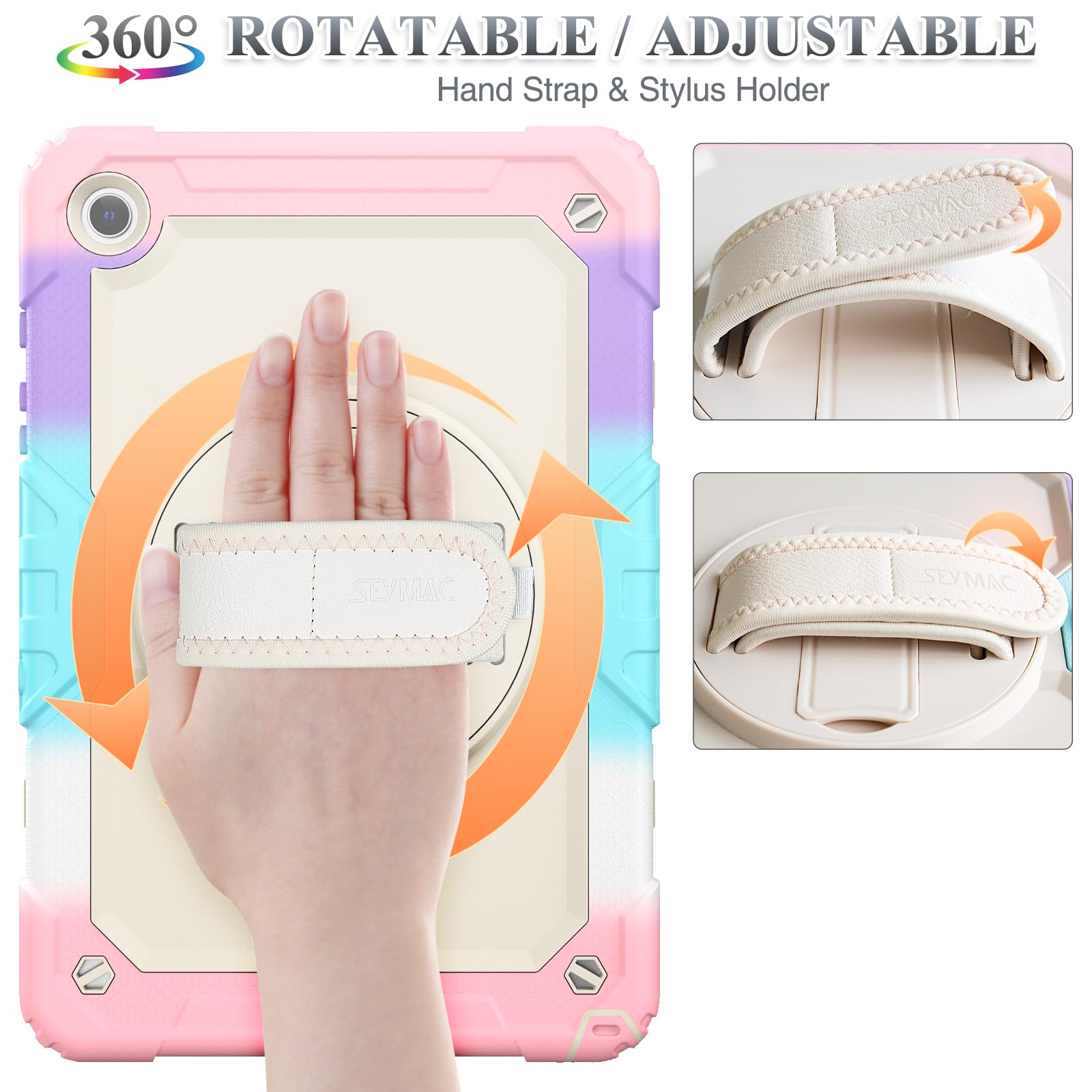Seymac Stock 360 Hand Strap Shockproof Case For Samsung Galaxy Tab A9 Plus 11 Inch, Yellowish+Pink