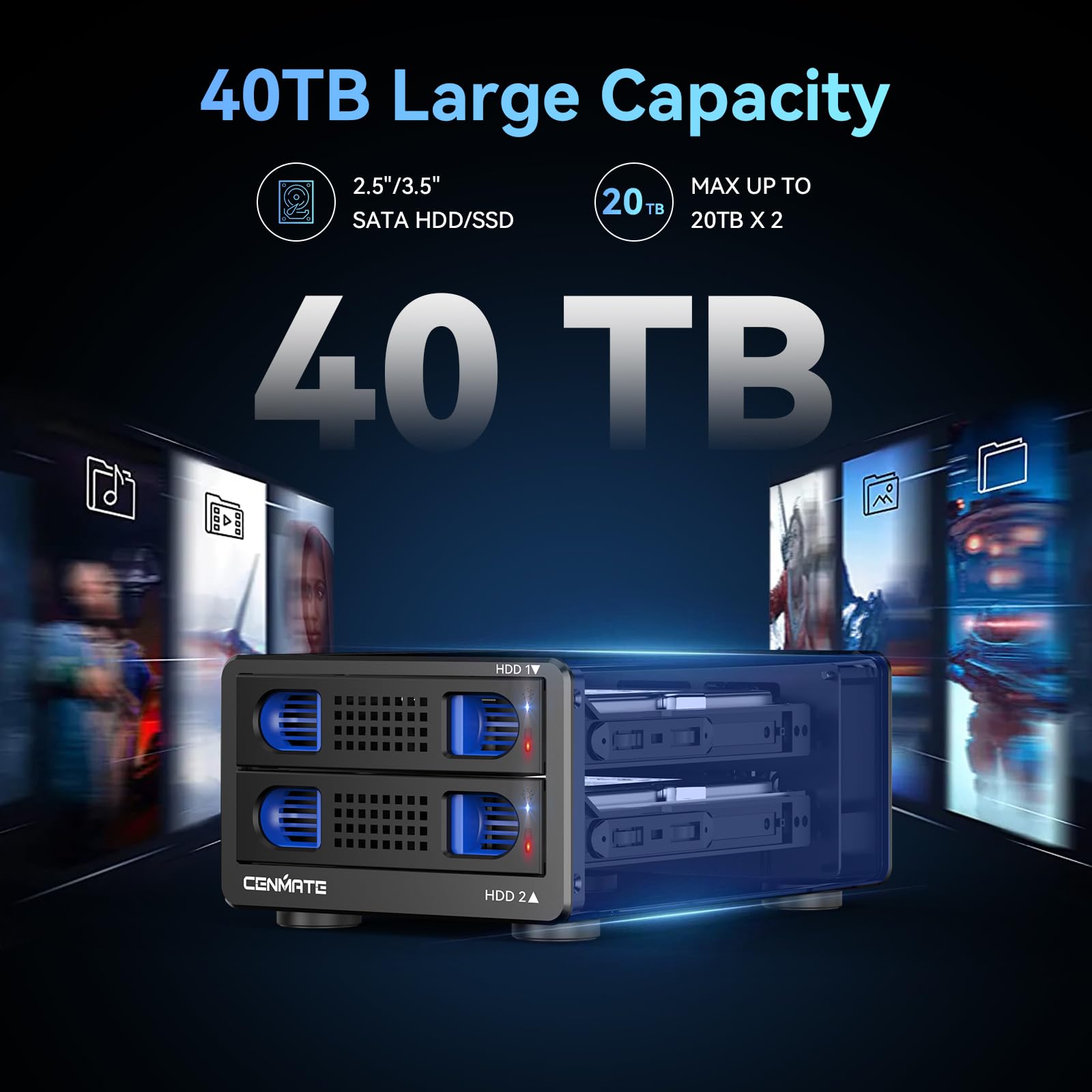 Cenmate Dual Bay Hard Drive Raid Enclosure With Cooling Fan For 2.5/3.5'' Sata Hdd/Ssd With Usb A/C 3.0 Cable, 3.5 Hard Drive En