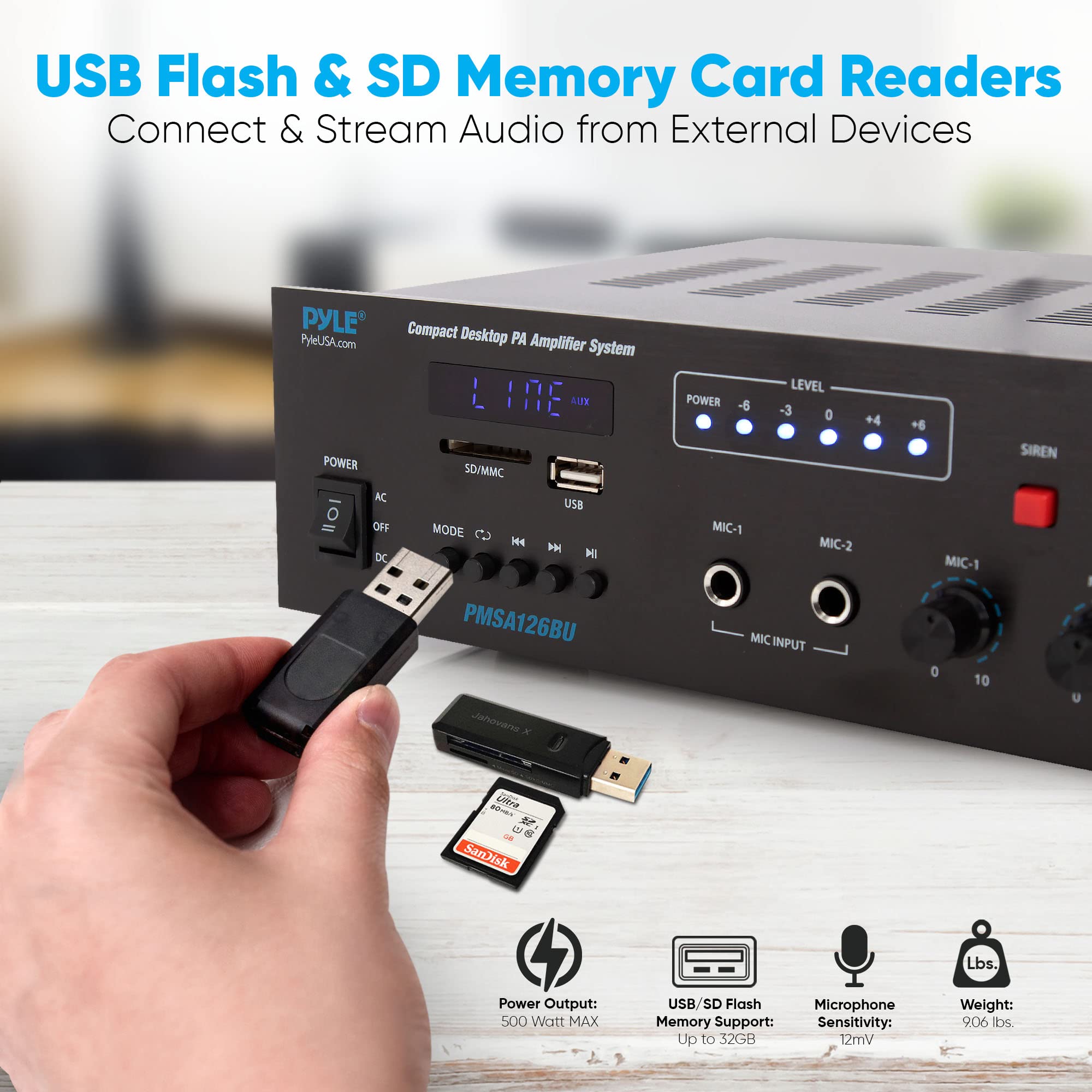 Pyle Wireless Bluetooth Public Address Amplifier - 500W Compact Mini Digital Home Power Audio Sound Pa Receiver System W/ 70V 10