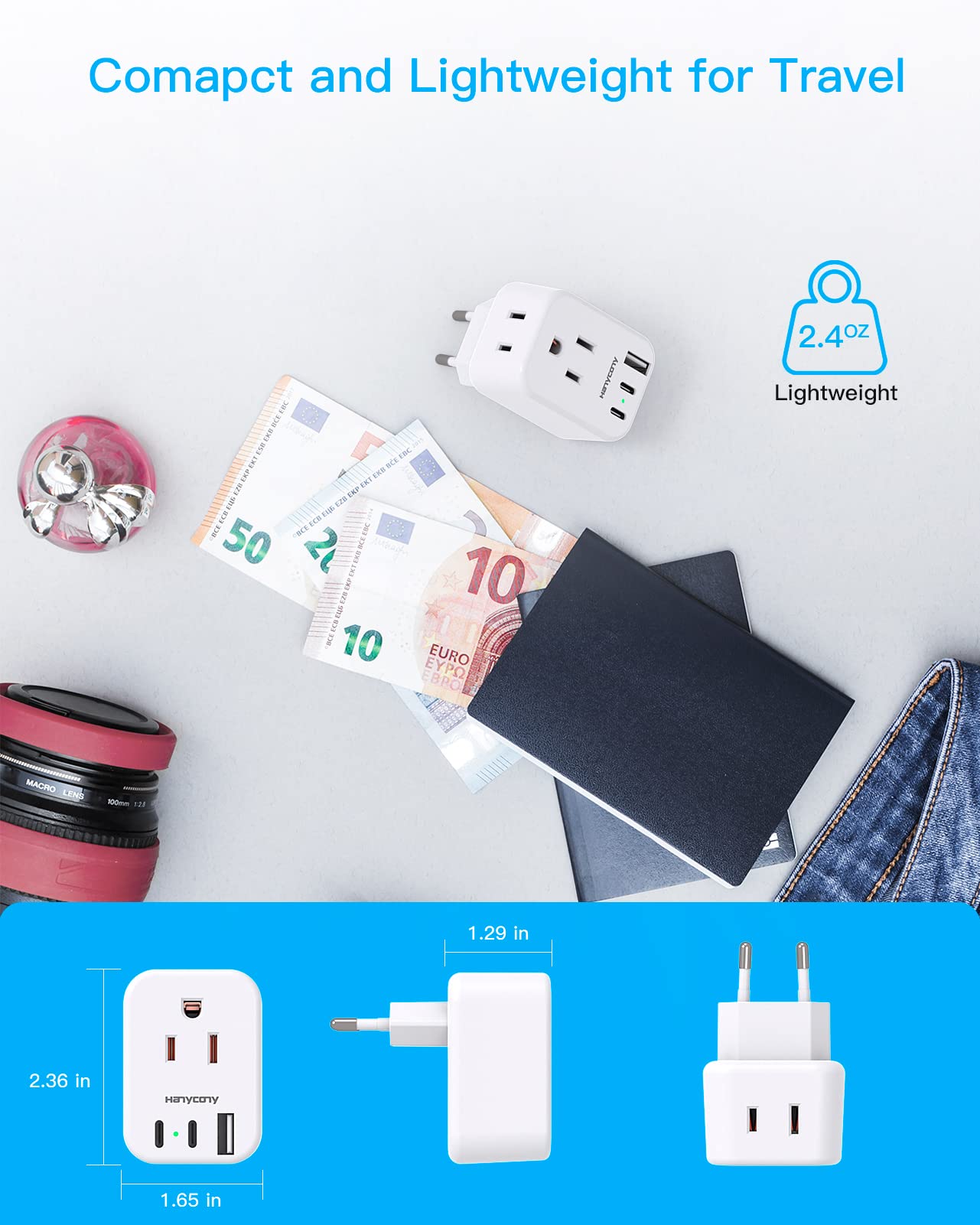 European Travel Plug Adapter Usb C, Hanycony International Plug Adapter, Us To Europe Adapter Plug 2 Outlets 3 Usb Ports(2 C Por