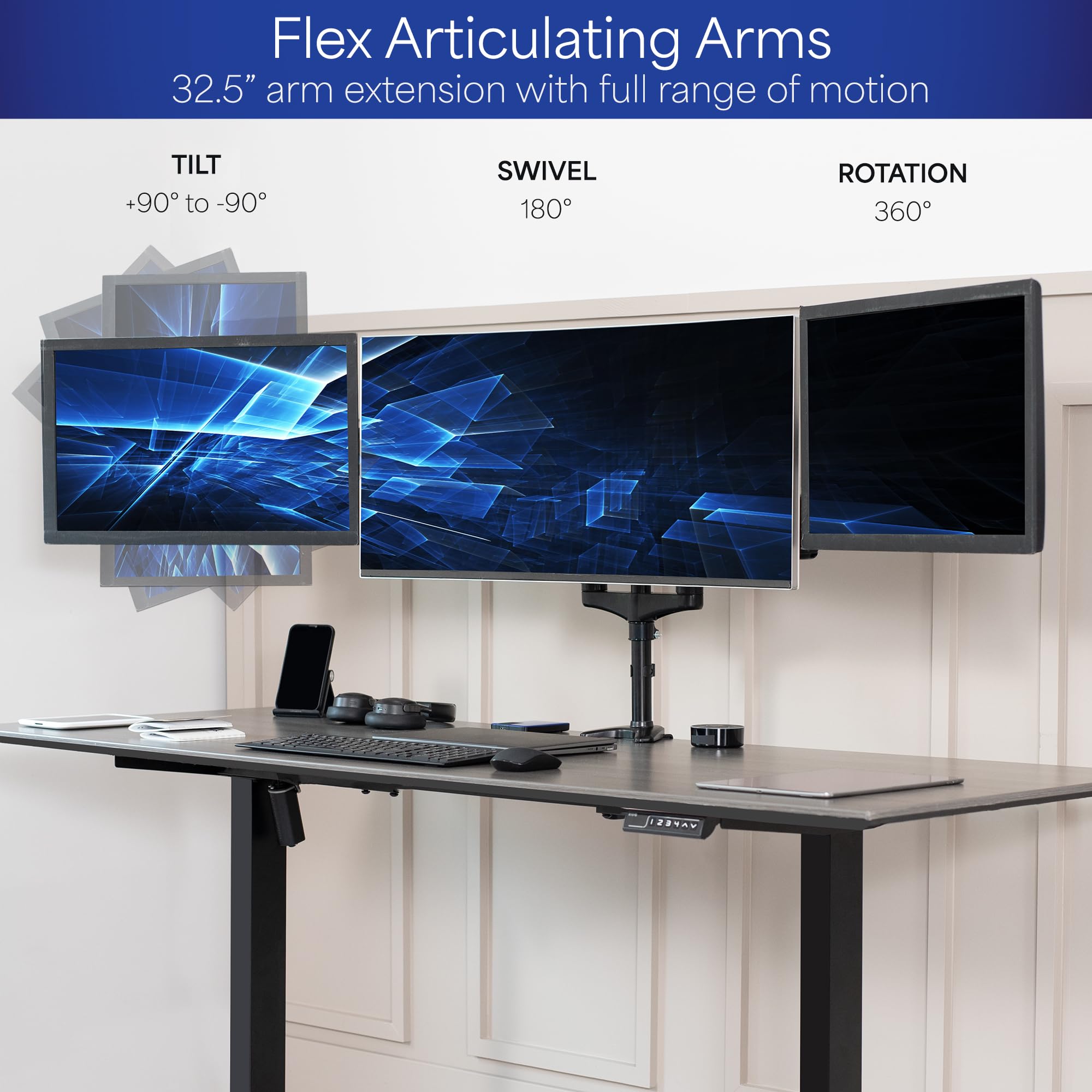 Vivo 17 To 32 Inch Triple Pneumatic Monitor Mount, 2 Pneumatic Arms, 1 Fixed, Adjustable Swivel, Rotation, Heavy Duty Vesa Desk