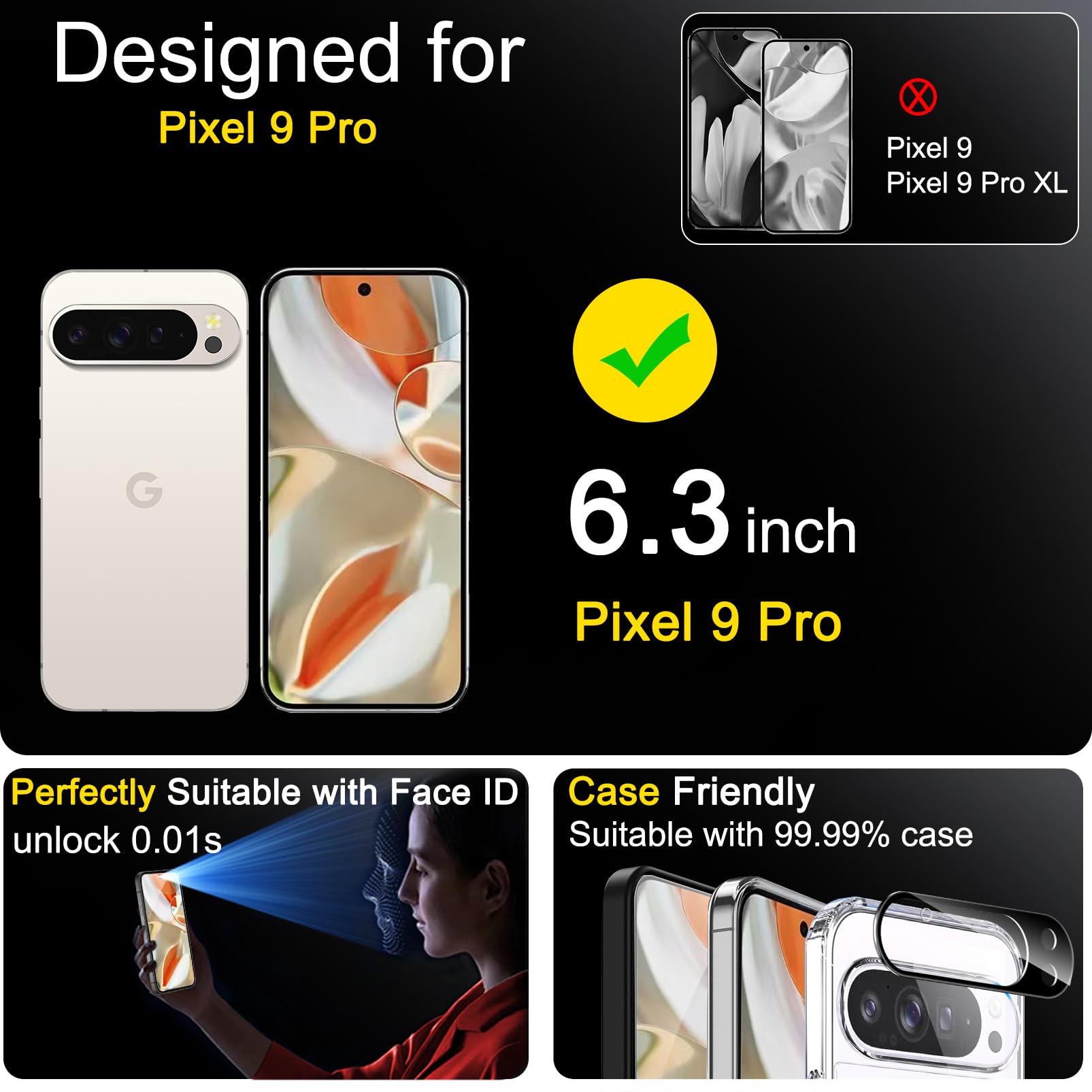 Ferilinso Full Coverage 3 Pack Screen Protector For Google Pixel 9 Pro [Phone Case Friendly], 3 Pack Tempered Glass Camera Lens