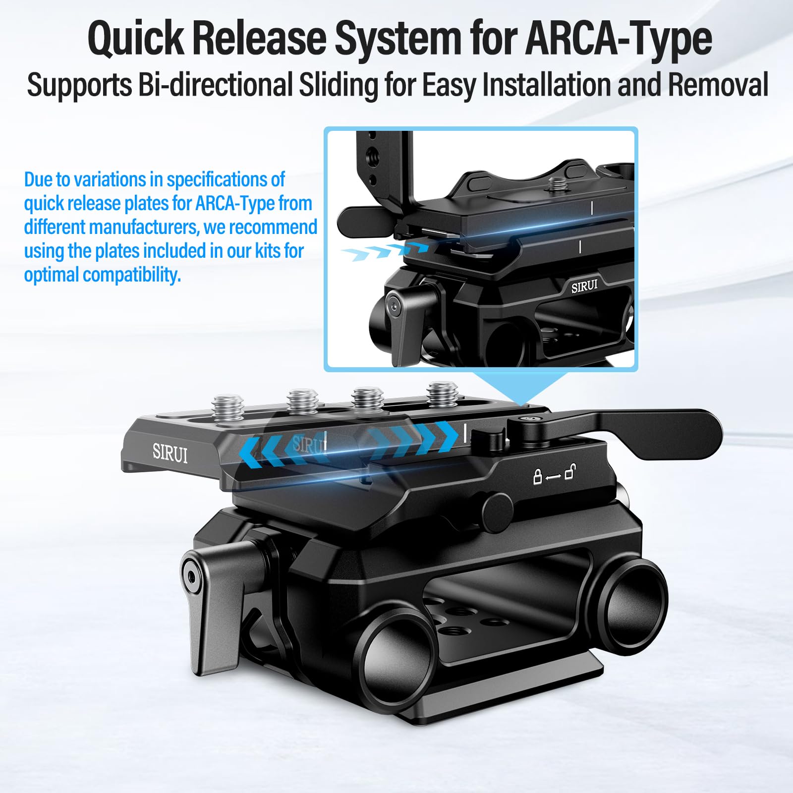 Sirui 15Mm Rail Support System With Quick Release Plate, Camera Baseplate With Dual 15Mm Rod Clamps For Tripod, Shoulder Rig, Follow Focus, Am Qa Lr