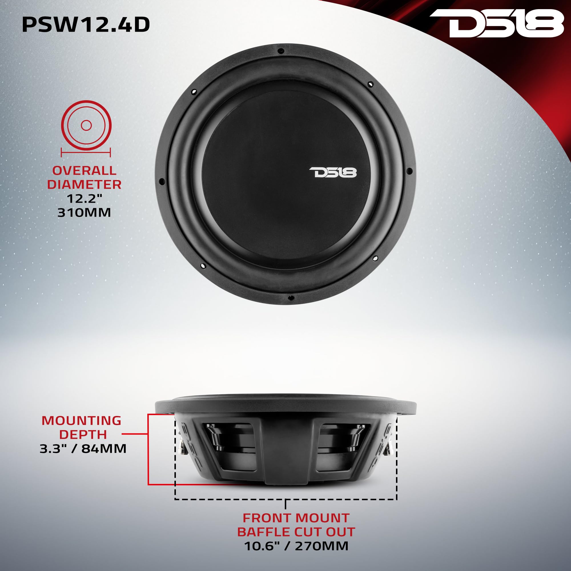 Ds18 Psw12.4D 12 Shallow Mount Subwoofer 1200 Watts Max Power 600 Watts Rms Dual Voice Coil 4+4 Ohms Water Resistant - Best Sub