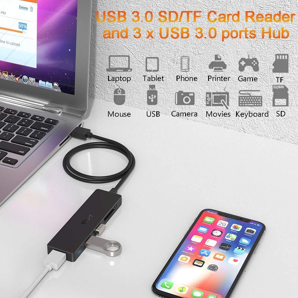 Usb Hub 3.0 Splitter, Tsupy Usb 3.0 Hub Multi Usb Adapter Port Expander With 4Ft Cable, Sd/Tf Card Reader & 3 Usb 3.0 Ports Compatible For Pc, Laptops, Surface Pro, Macbook, Imac Pro