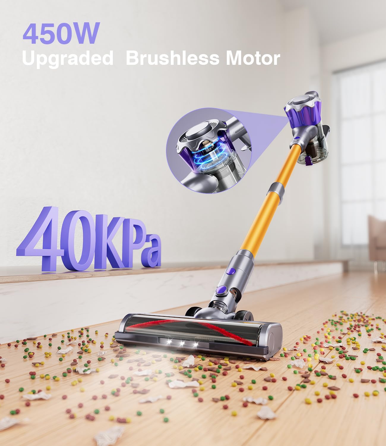 MBYULO Cordless Vacuum Cleaner, 450W 40Kpa, 50Mins Battery, Lightweight Handheld for Hardwood Floors & Carpets, Pet Hair, Gold