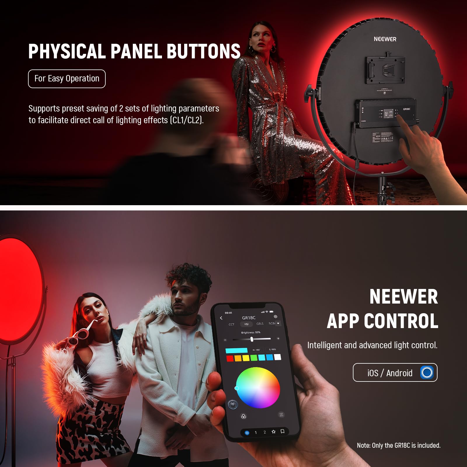 Neewer 18'' Rgb Led Round Panel Video Light With App Control, 65W 6000Lux/0.5M 2500K 8500K Rgbcw Photography Studio Lighting /18