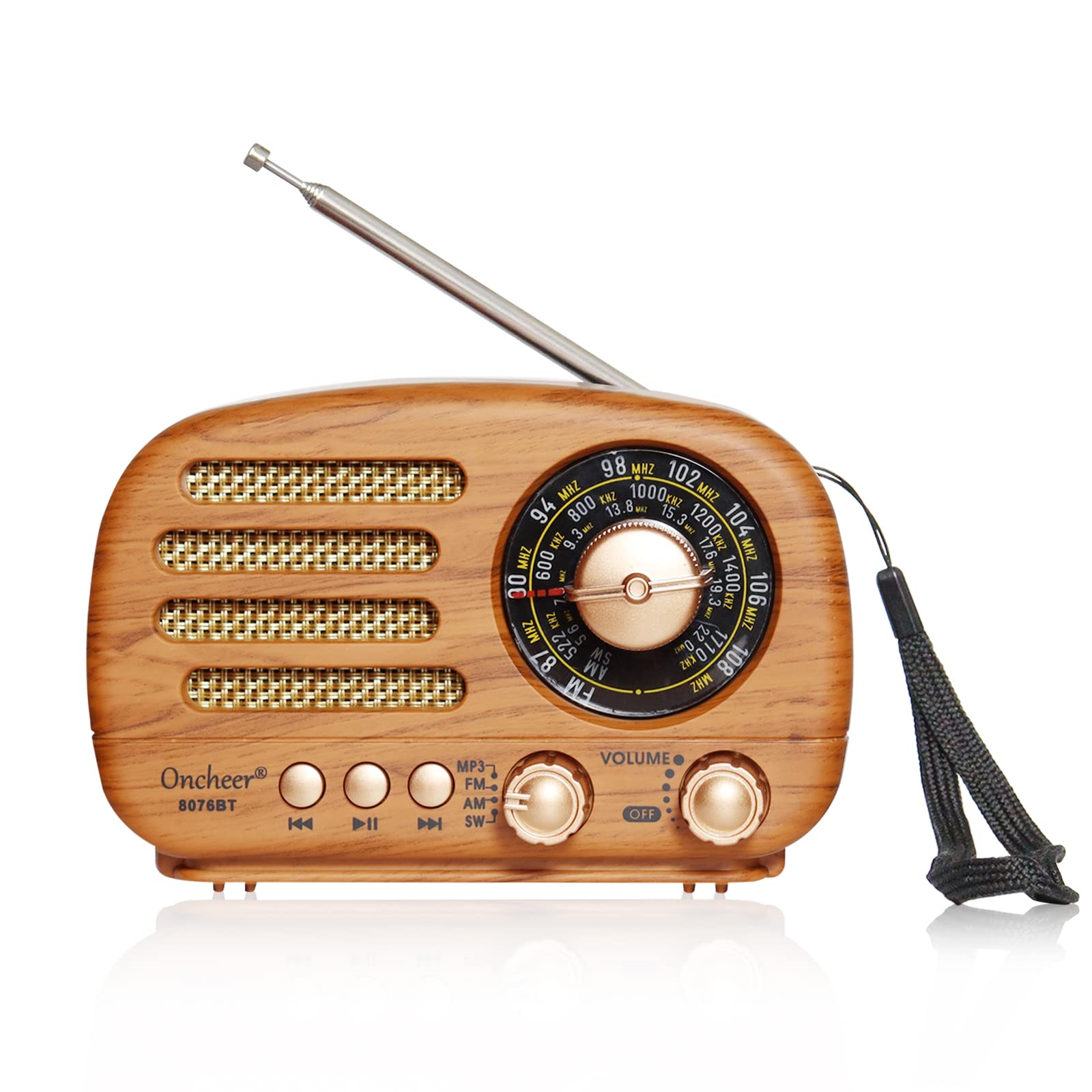 Oncheer Portable Vintage Decor Radio, Retro Bluetooth Speaker, Fm/Am/Sw Old Fashion Classic Style, Adjustable Antenna, Rechargea
