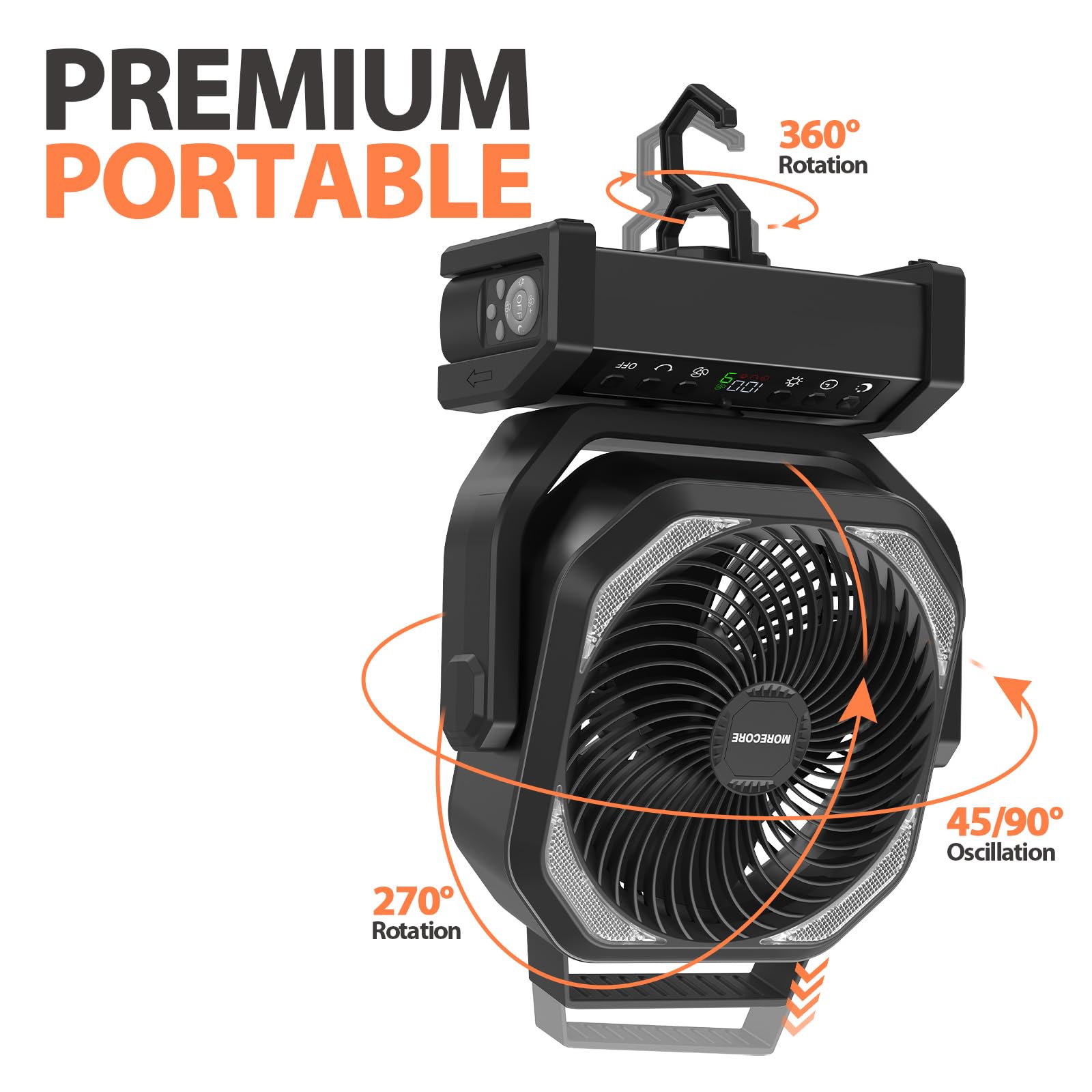 Morecore 20000Mah Rechargeable Camping Fan With Light, 112Hrs Running, 9 Speed, Auto Oscillating, Timer, Led Digital Display, 27
