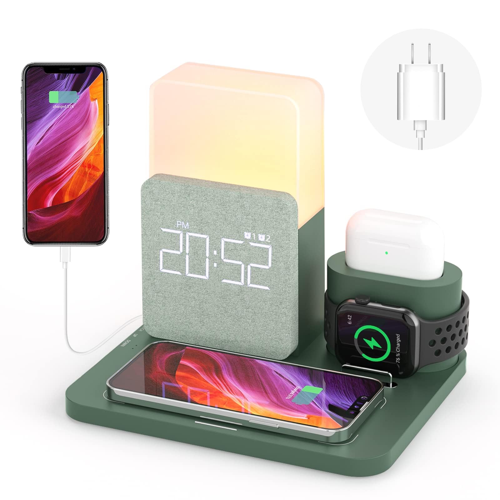 Wireless Charging Station, Iphone 3 In 1 Fast 15W Wireless Charger With Alarm Clock And Night Light, Charging Dock For Iphone 12