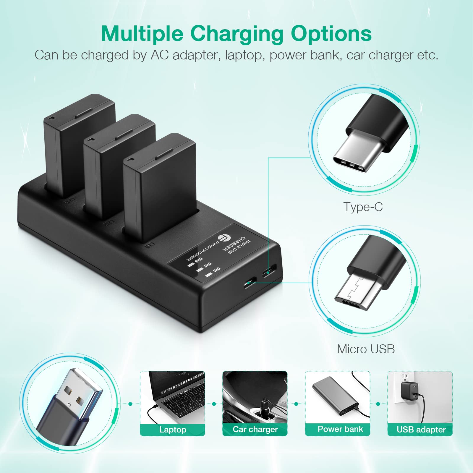 FirstPower LP-E10 Battery 3-Pack with Triple Charger for Canon EOS Rebel T100, T7, T6, T5, T3 - Black