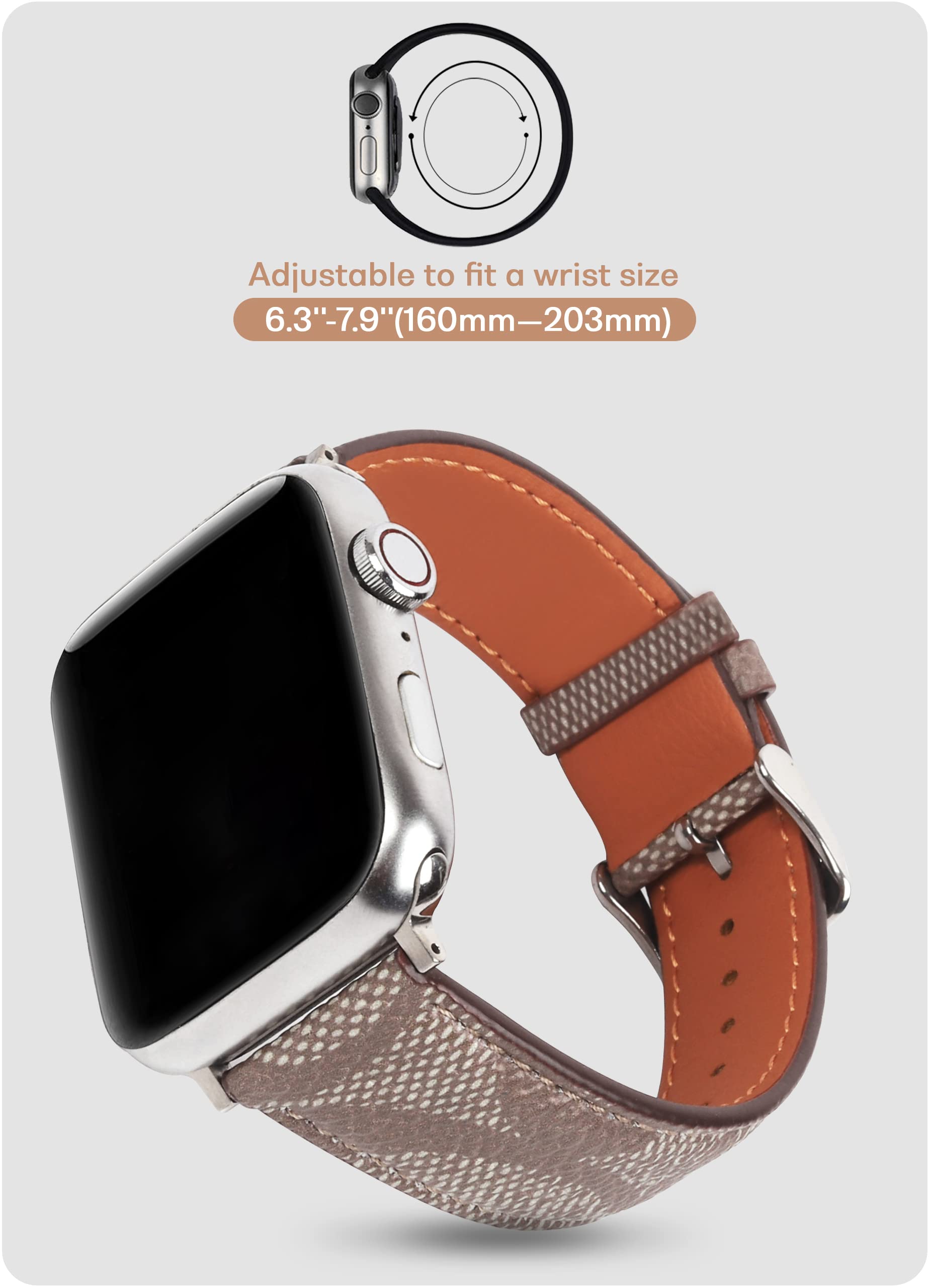 Smarwiss Designer Luxury Band Compatible With Apple Watch 45Mm 44Mm 42Mm, Khaki C Elements Soft Leather Iwatch Band With Classic
