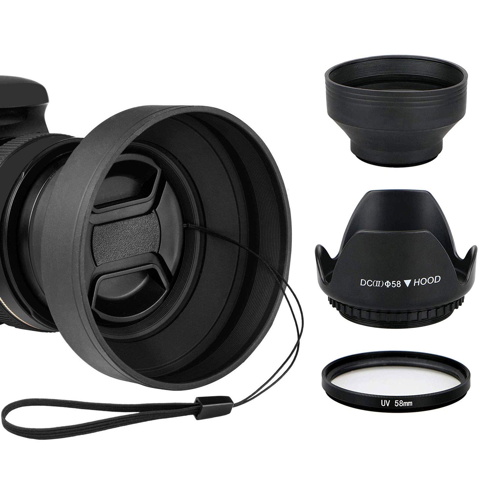 EEEKit 58mm Tulip Flower Lens Hood & UV Filter Kit for Canon EOS DSLR Cameras Black