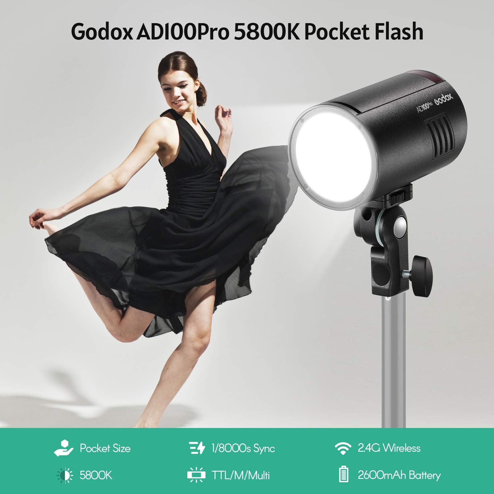 Godox Ad100Pro Pocket Studio Flash Light Photography Light Oled Screen 5800K 1/8000S Sync Ttl/Multi/M Flash Built In 2.4G Wilrel