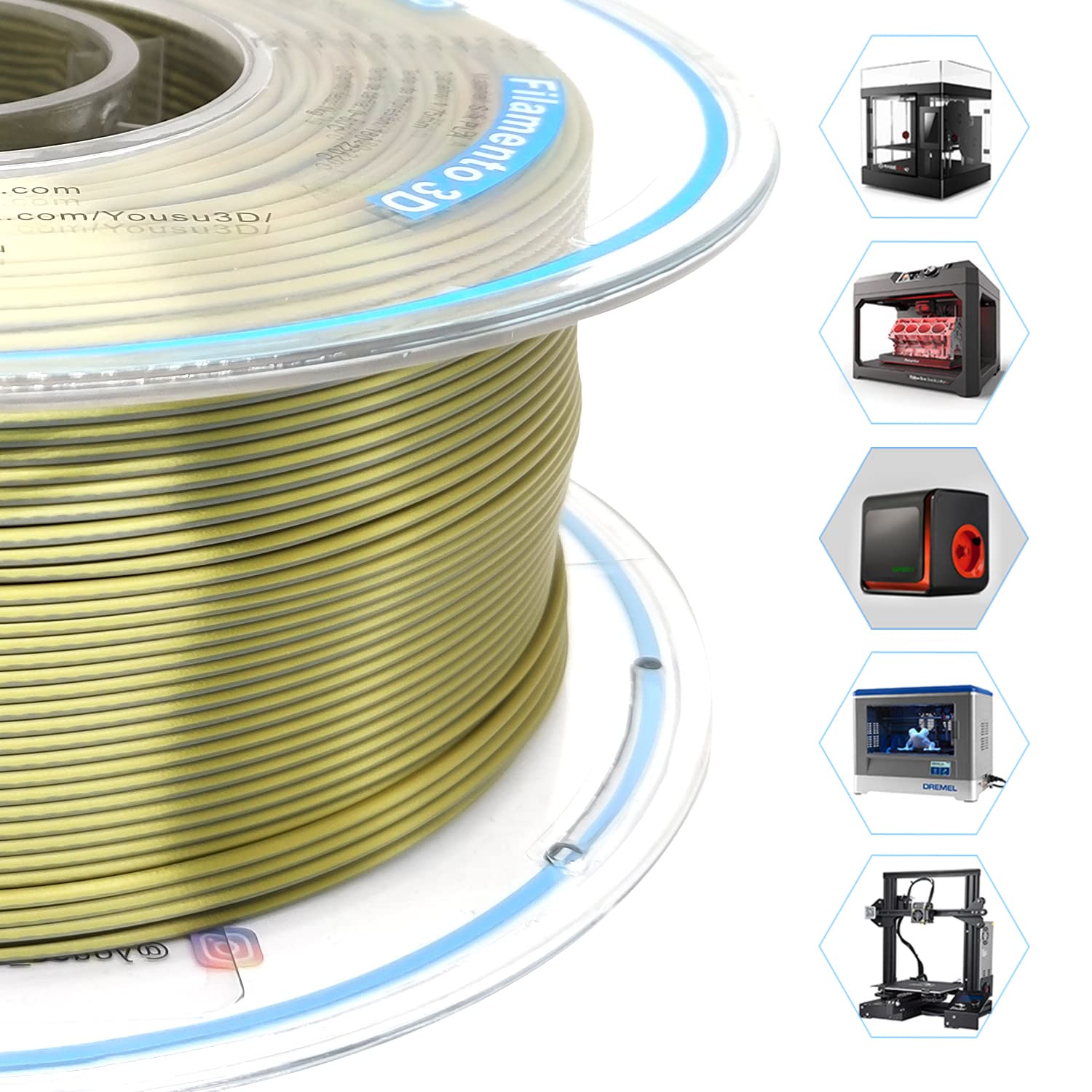 Yousu Silk Dual Color Pla Filament, Coextrusion Filament, Multicolor 3D Printer Filament 1Kg, Dichromatic Filament 1.75Mm (