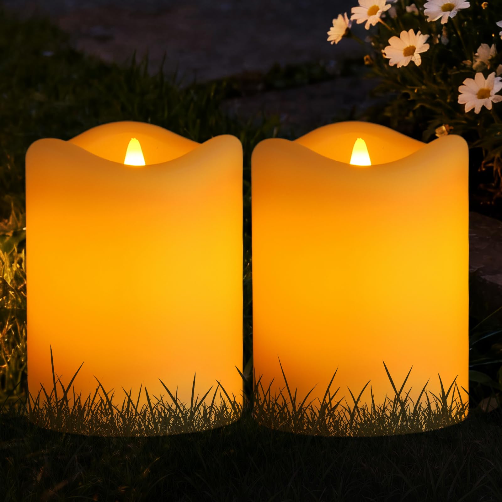 Solar Candles Outdoor Waterproof 2 Pack, 3x4 Flickering Flameless Solar Pillar Candle Lights, Dusk to Dawn Warm Amber Solar Cand