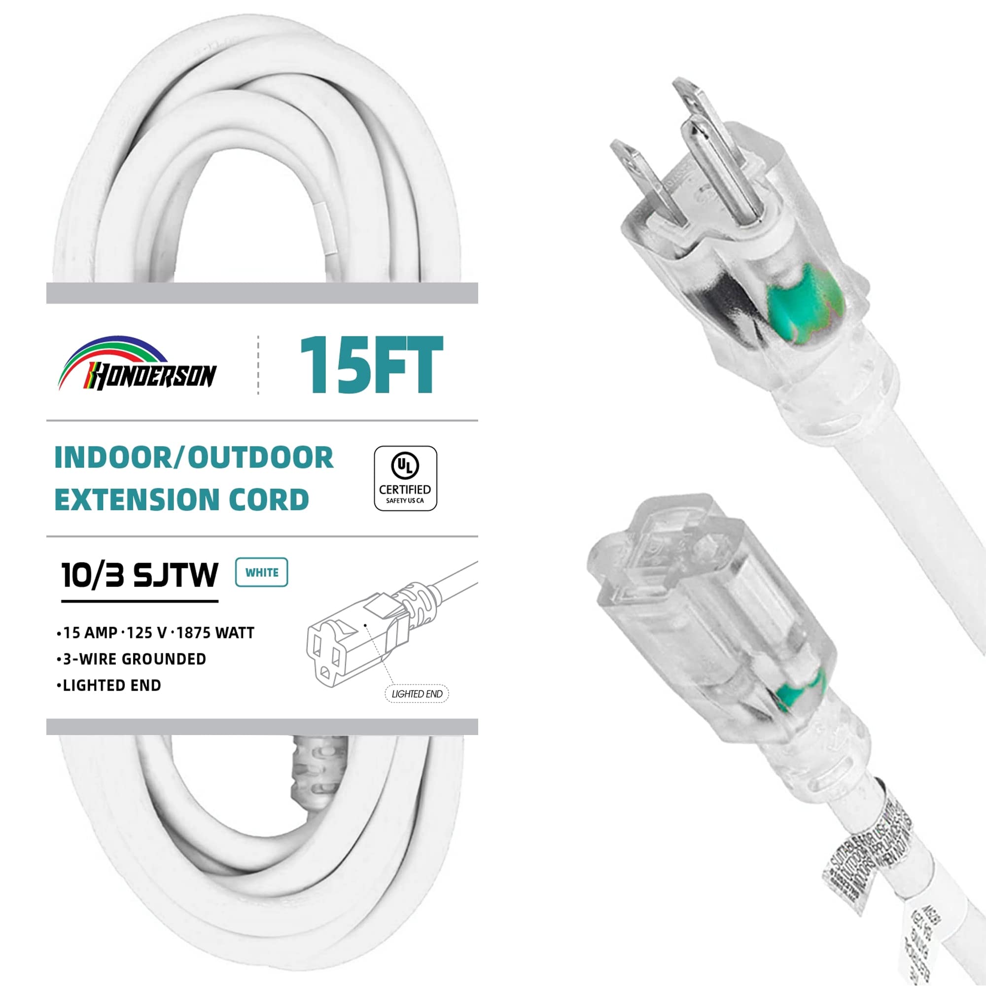 Honderson Indoor Outdoor Extension Cord Weatherproof With Lighted End, Ul Listed, 10 Gauge 15Ft White 3 Prong Heavy Duty Extensi