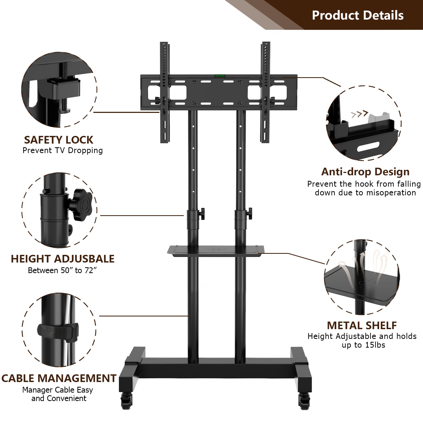 Tavr Dual Mobile Tv Stand Rolling Tv Cart Floor Stand With 2 Tv Brackets On Locking Wheel Height Adjustable Shelf For 32 70 Inch