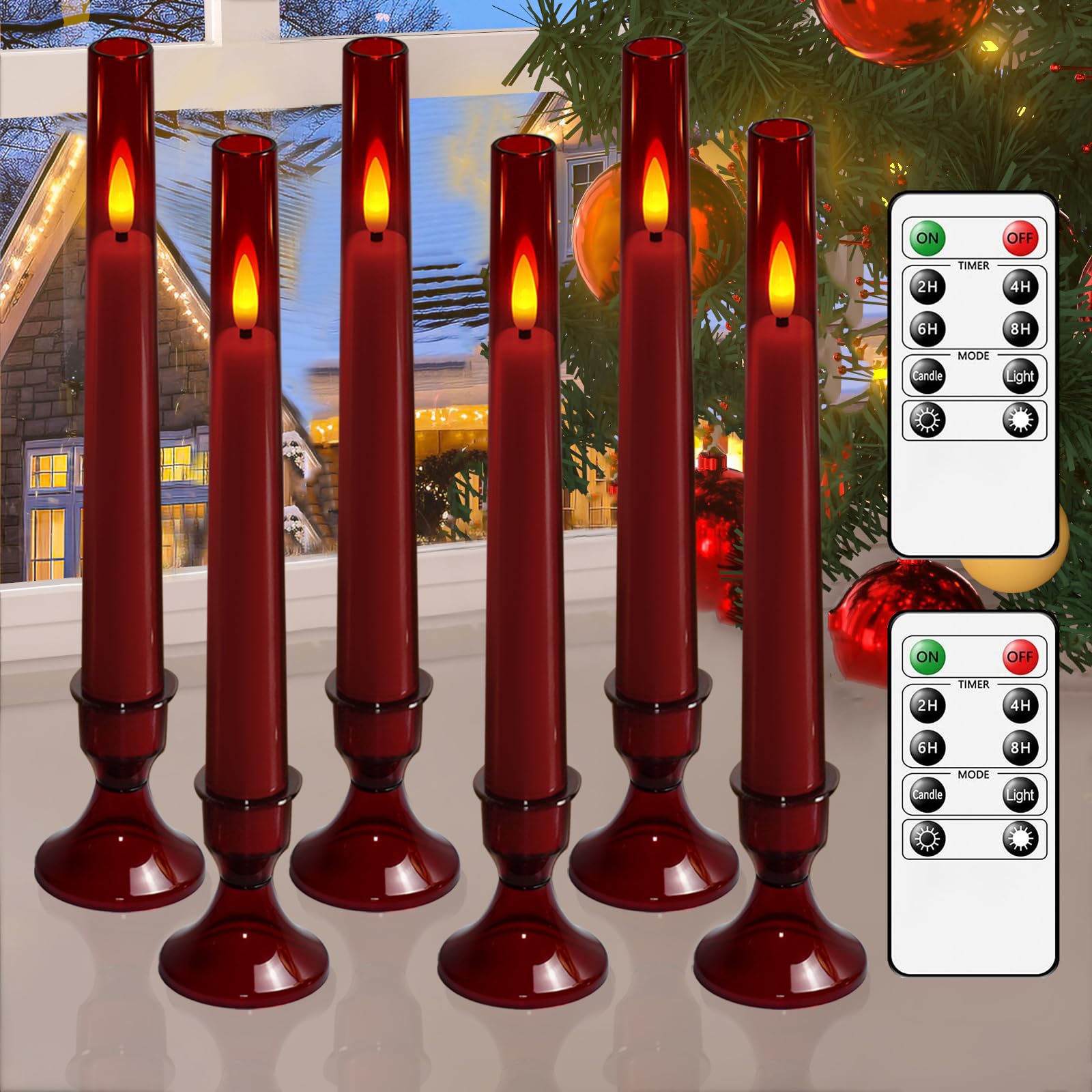 Lezonic Flameless Windows Candles Battery Operated With Timer Remote, 6Pcs Red Acrylic Flameless Candlesticks With Holders, Led