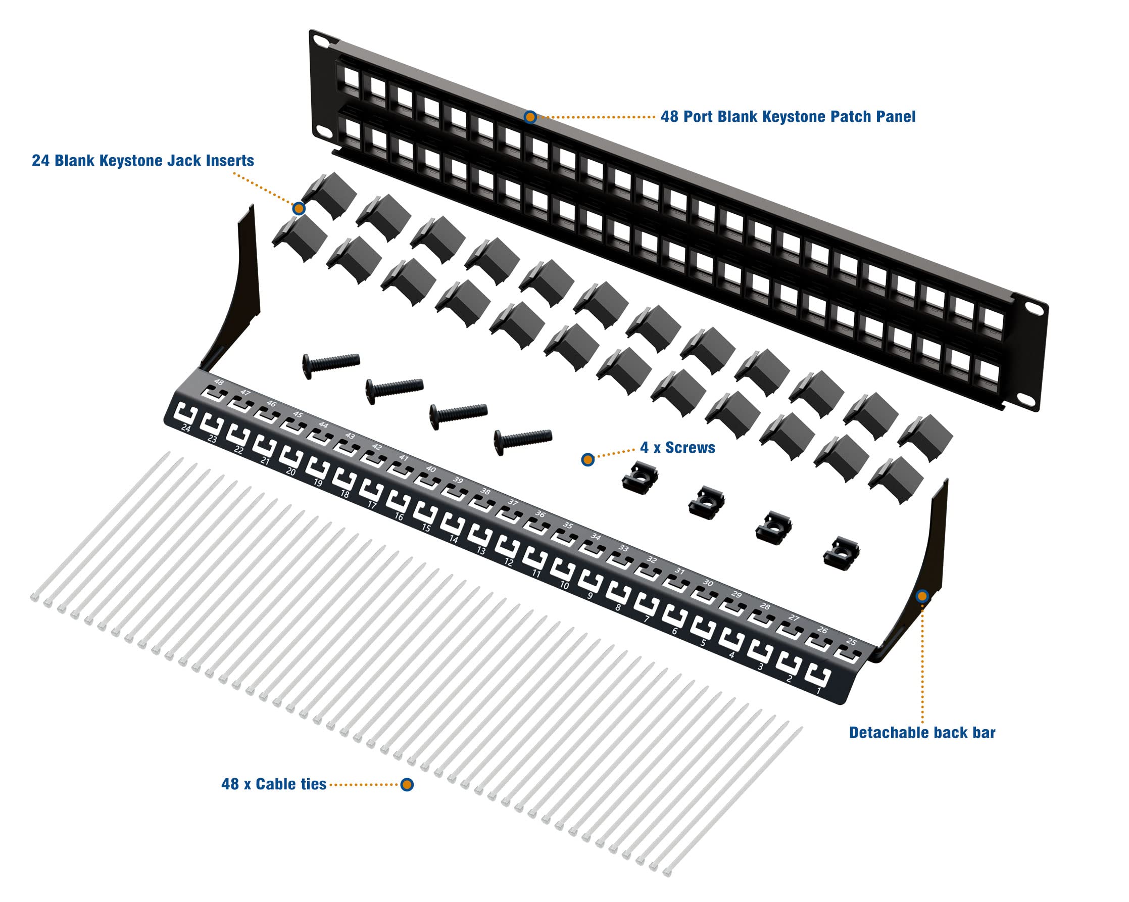 Iwillink Blank 48 Port Keystone Patch Panel, 2U 19'' Rackmount/Wallmount With Metal Housing, Includes 24 Blank Inserts For Custo