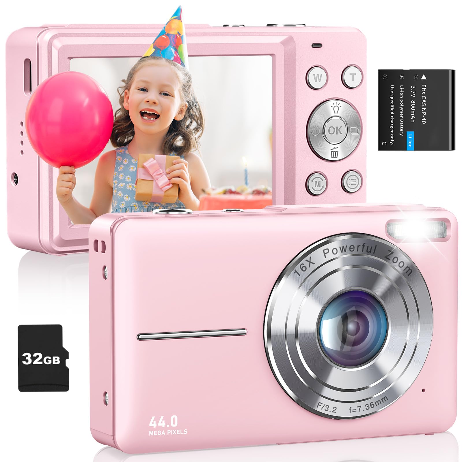 Digital Camera, Fhd 1080P Kids Camera 44Mp Point And Shoot Digital Cameras With 32Gb Card, Lanyard, 16X Zoom Anti Shake, Vintage Portable Small Camera For Kids Boys Girls Teens Students, Pink