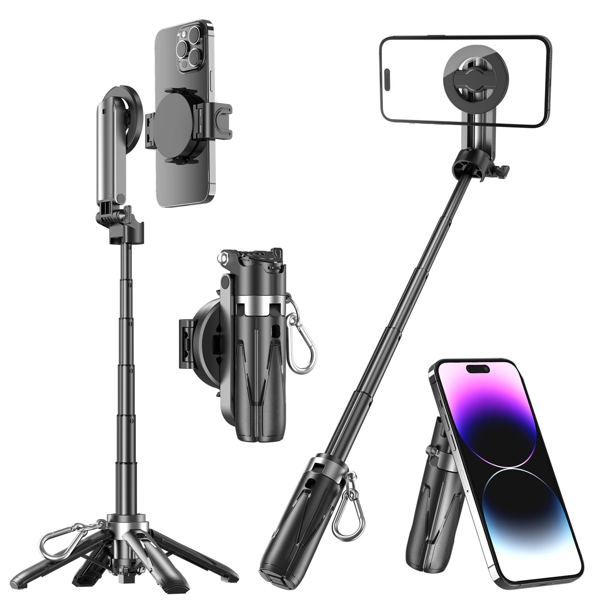 Magnetic Tripod for Phone with Remote Control, Extendable Selfie Stick Handle Grip Pocket Size, 4-in-1 Mini Phone Grip, 10m Wire